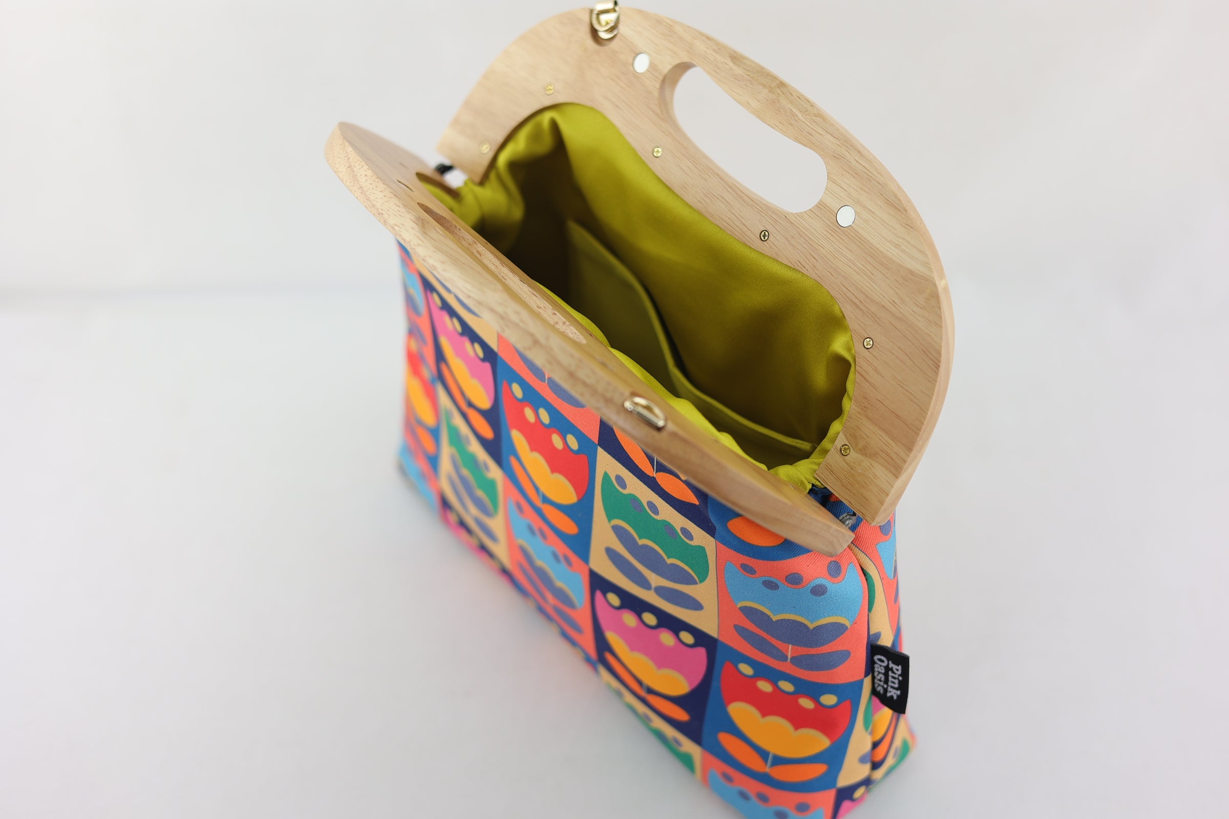 Multi-coloured Tulips Large Wood Frame Bag | PINK OASIS