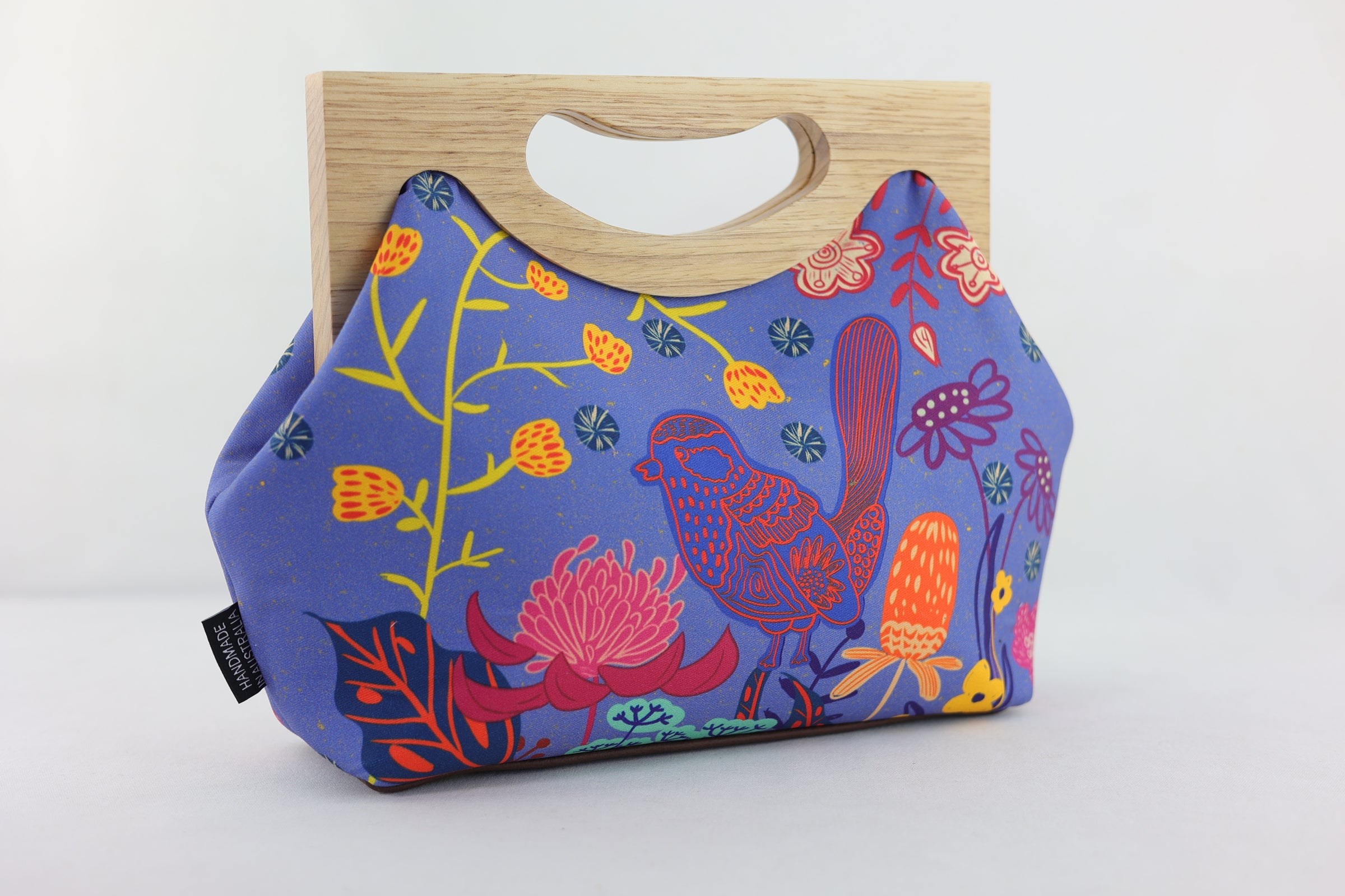 Blue Wren, Waratah & Banksia Medium Size Wood Frame Bag | PINK OASIS