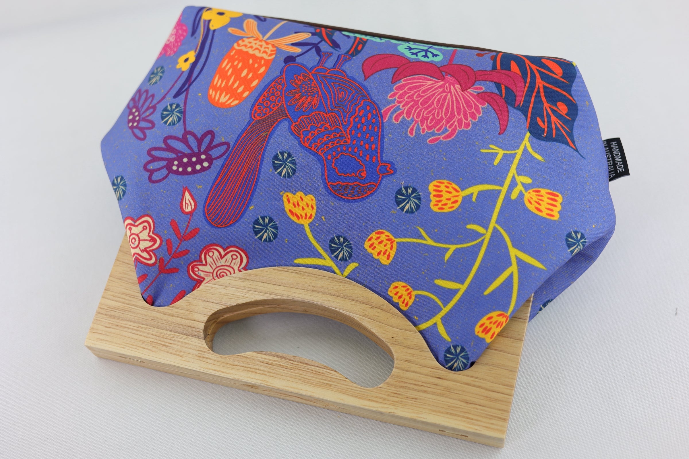 Blue Wren, Waratah & Banksia Medium Size Wood Frame Bag | PINK OASIS
