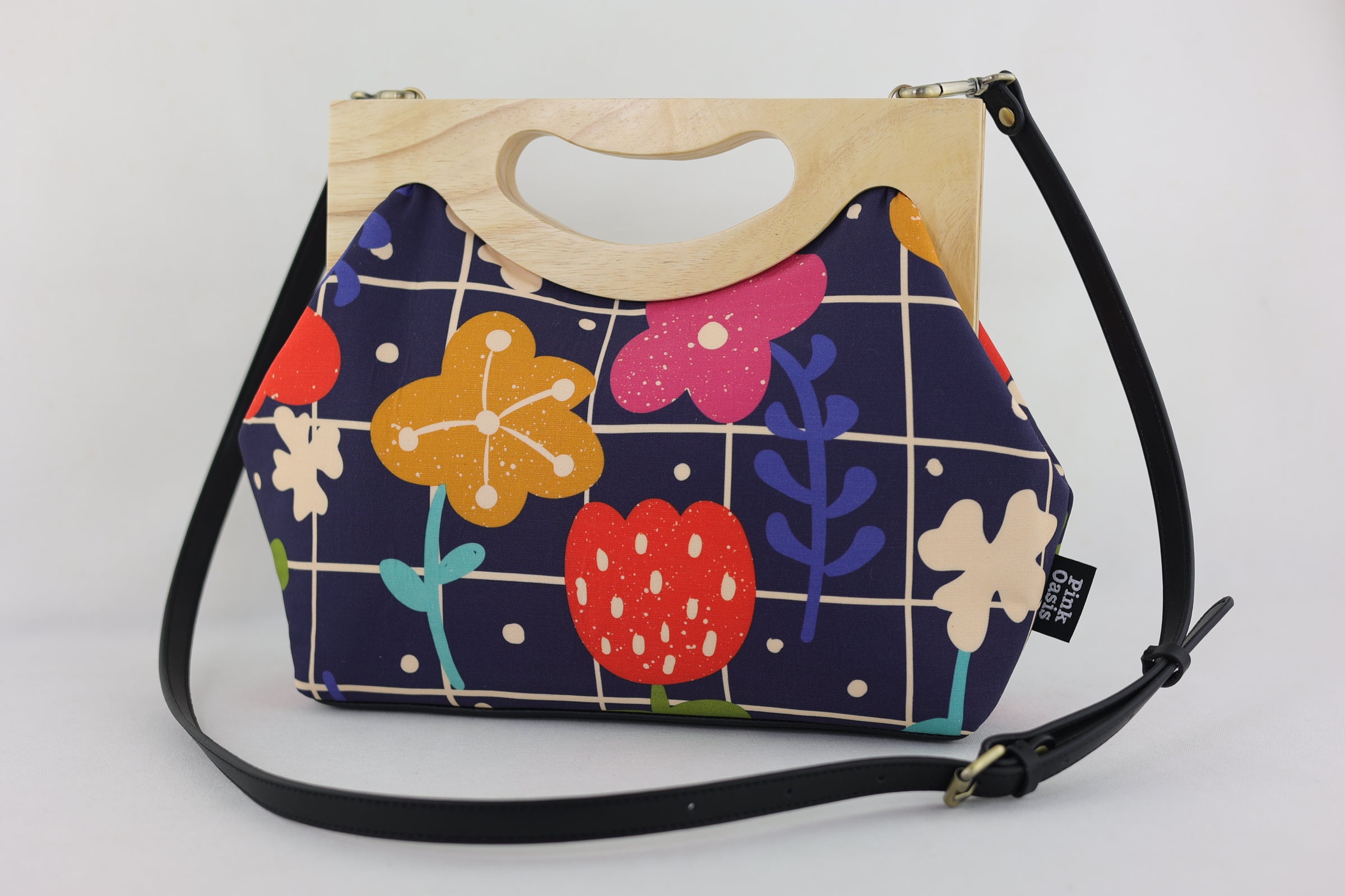 Spring Lawn Navy Medium Size Wood Frame Bag | PINK OASIS