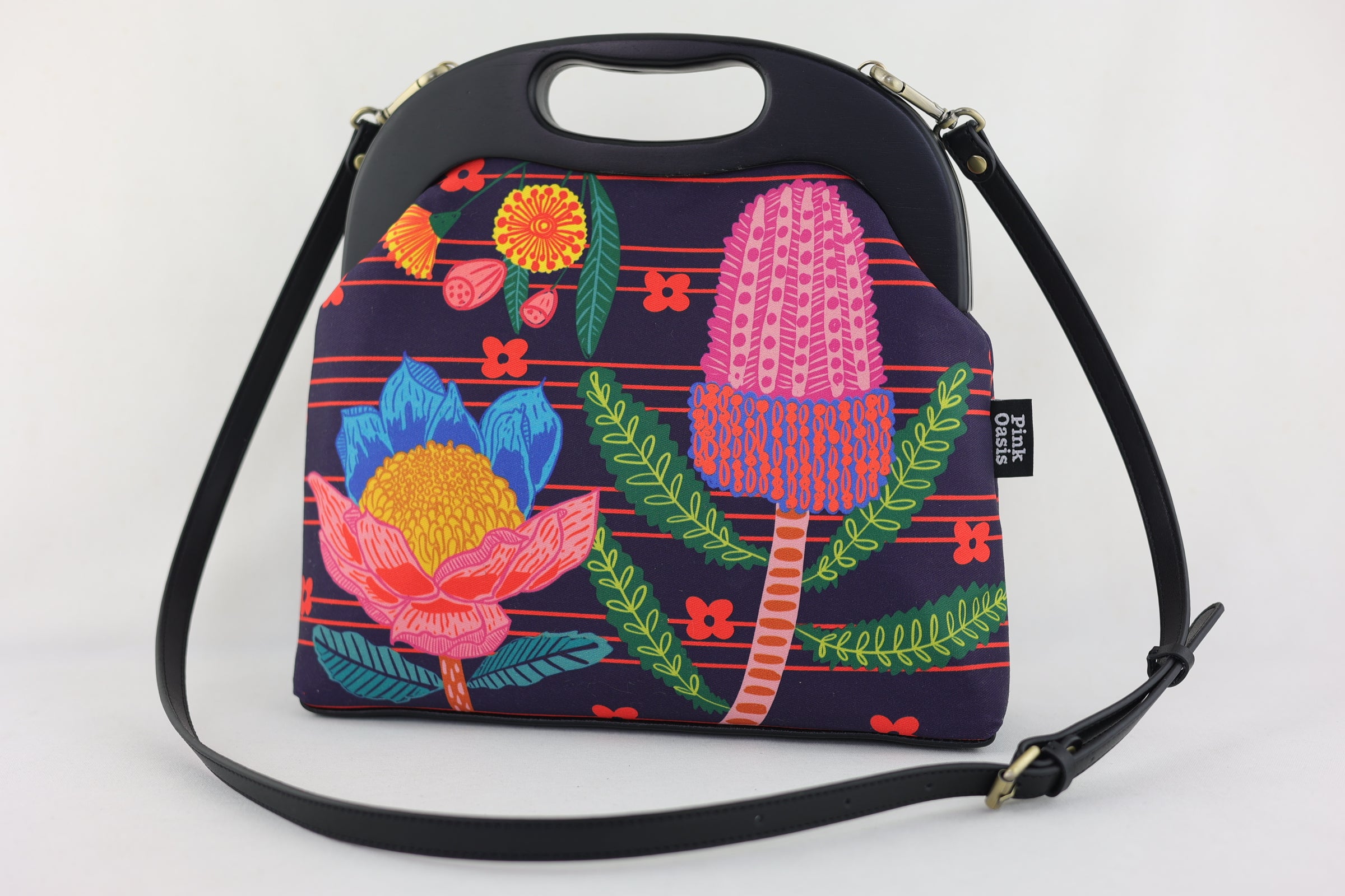 Australian Native Flowers Large Wood Frame Bag | PINK OASIS