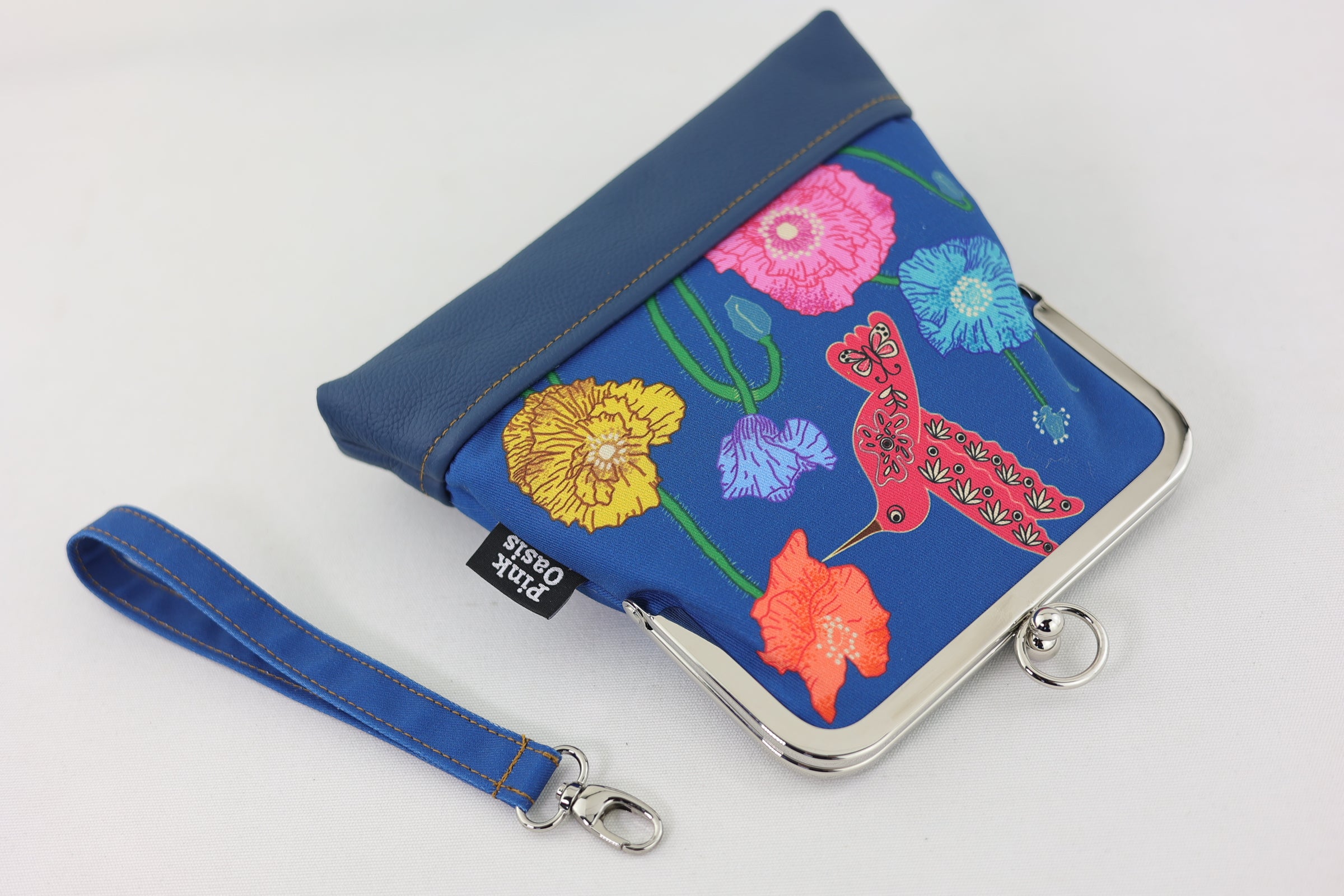 Poppies & Hummingbird Navy Bottom Wristlet | PINK OASIS