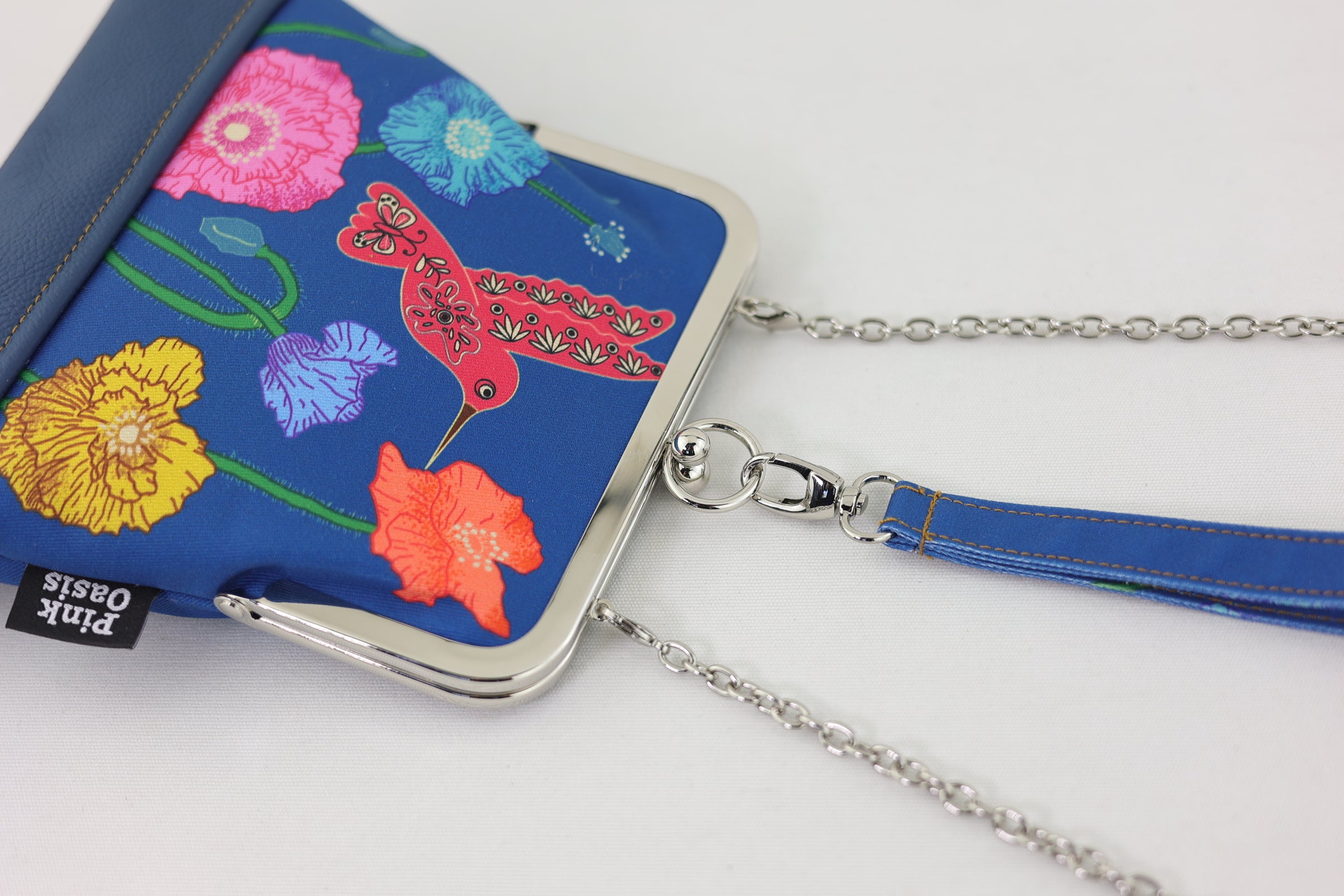 Poppies & Hummingbird (Navy Bottom) Wristlet