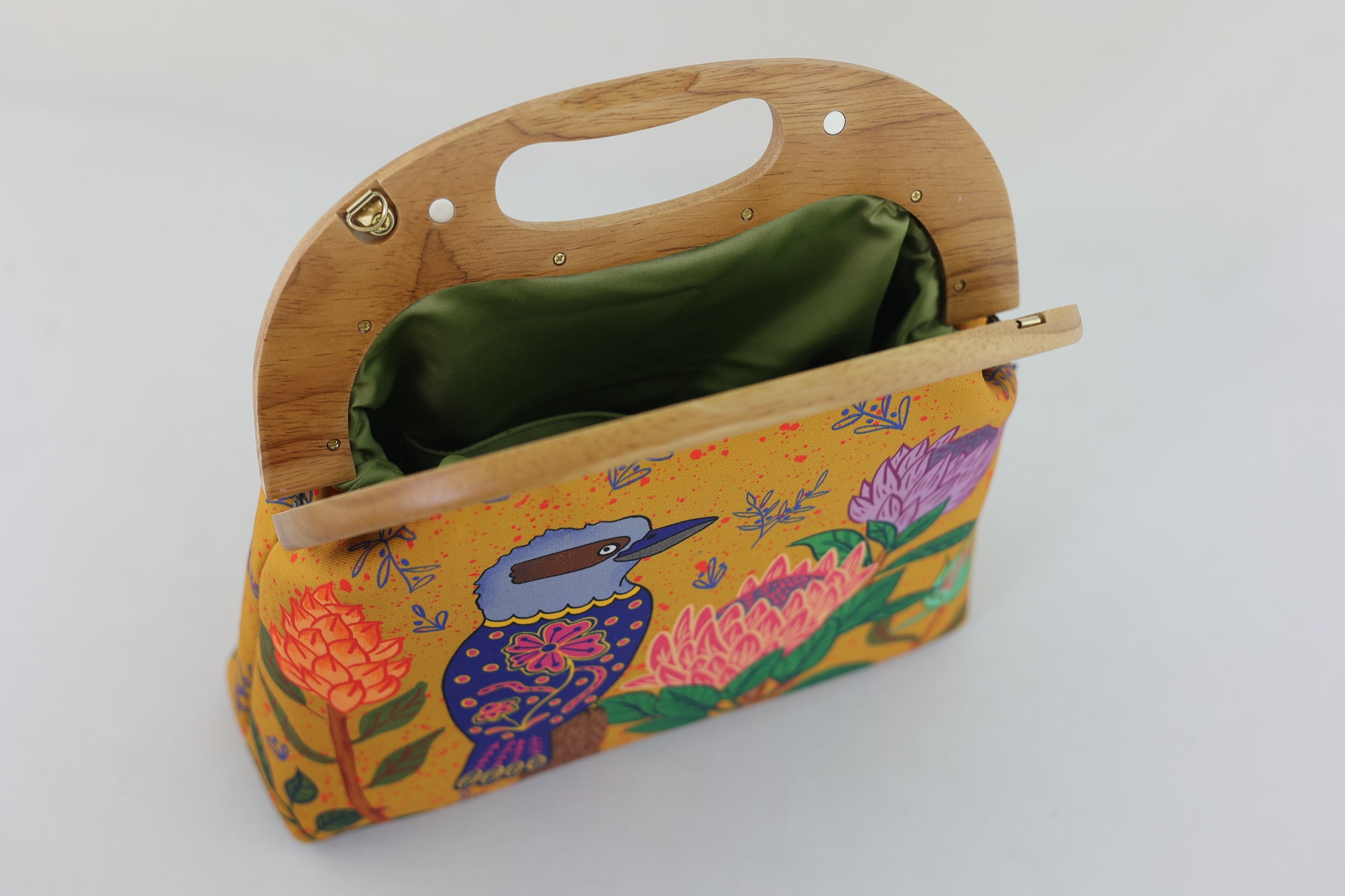 Kookaburra and Proteas Large Wood Frame Bag | PINK OASIS