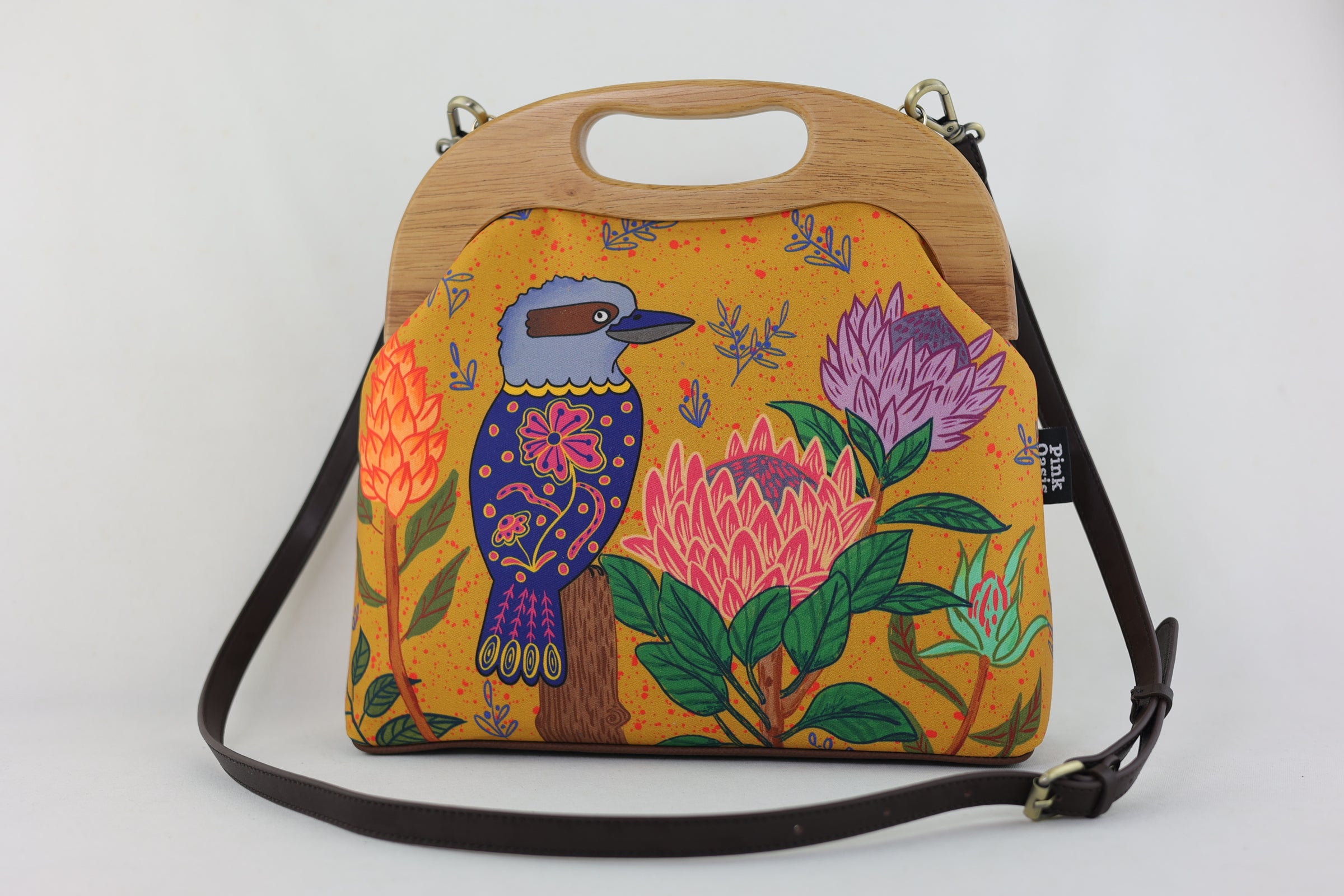 Kookaburra and Proteas Large Wood Frame Bag | PINK OASIS