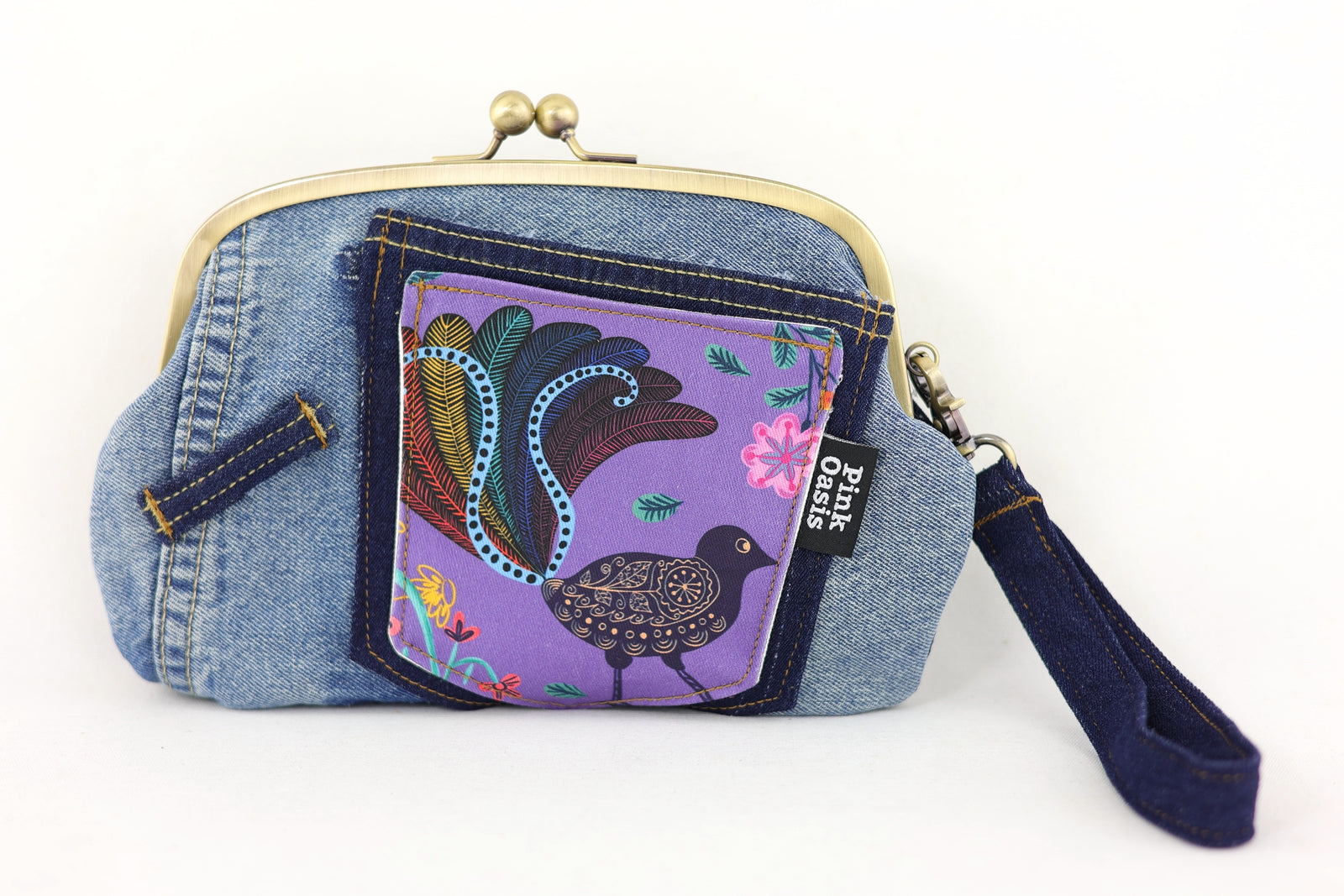 Lyre Bird Denim Wristlet Wallet (with Double Kisslock Clasps)