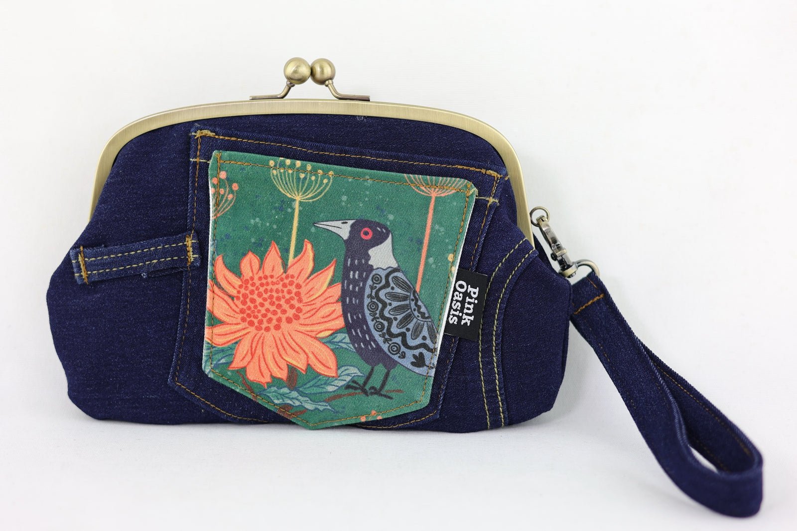 Magpie & Waratah Denim Wristlet Wallet (with Double Kisslock Clasps)