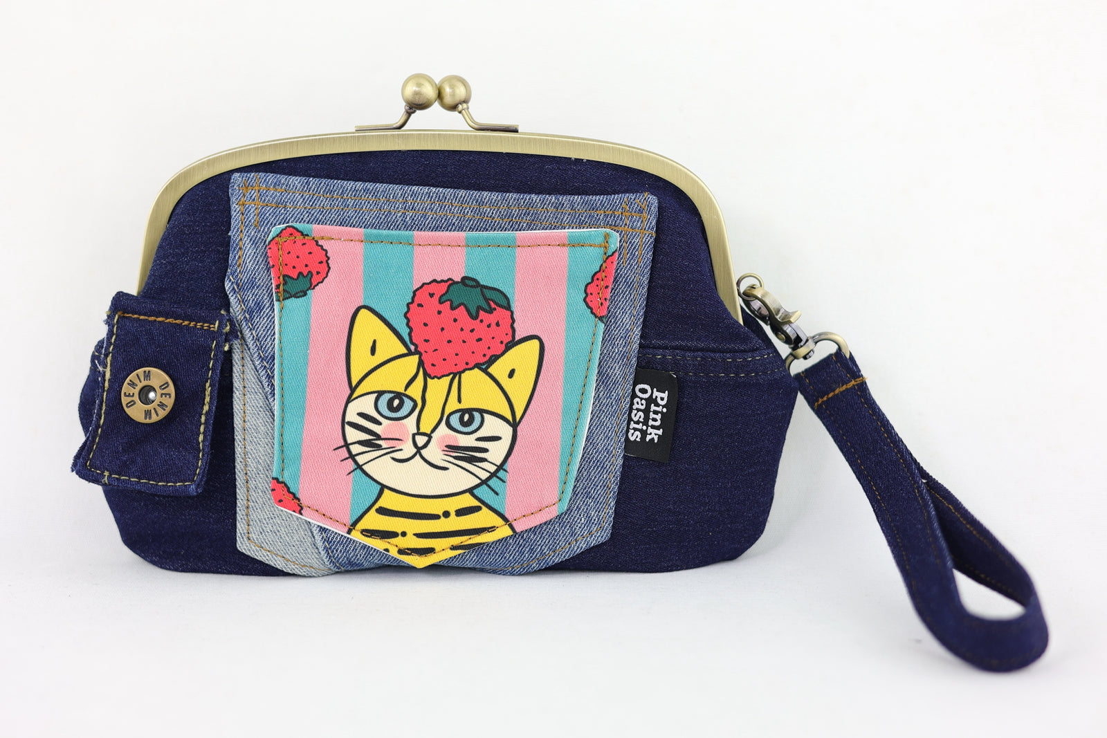 Cat & Strawberry Denim Wristlet Wallet (with Double Kisslock Clasps)