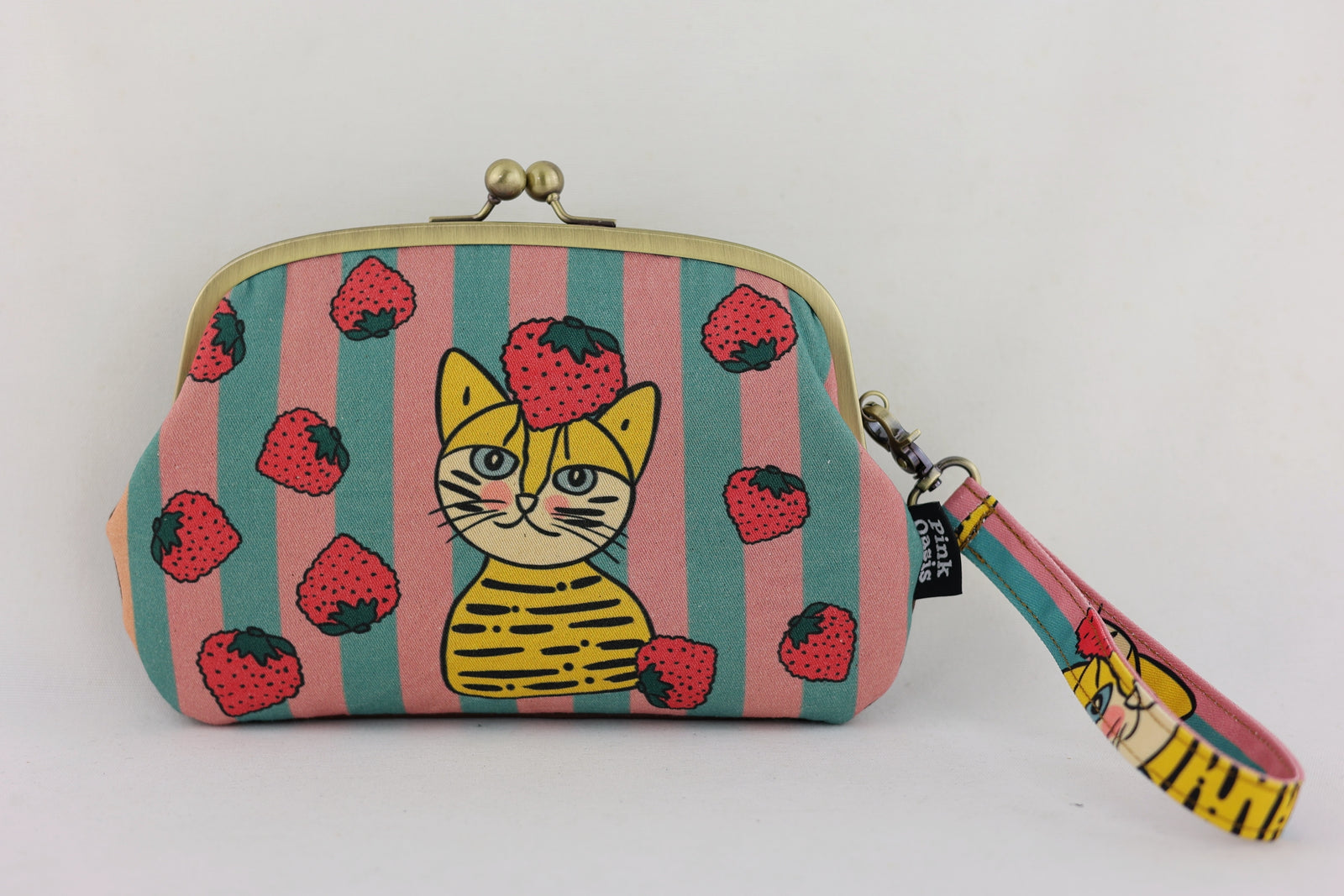 Cat & Strawberries Wristlet Wallet (with Double Kisslock Clasps)