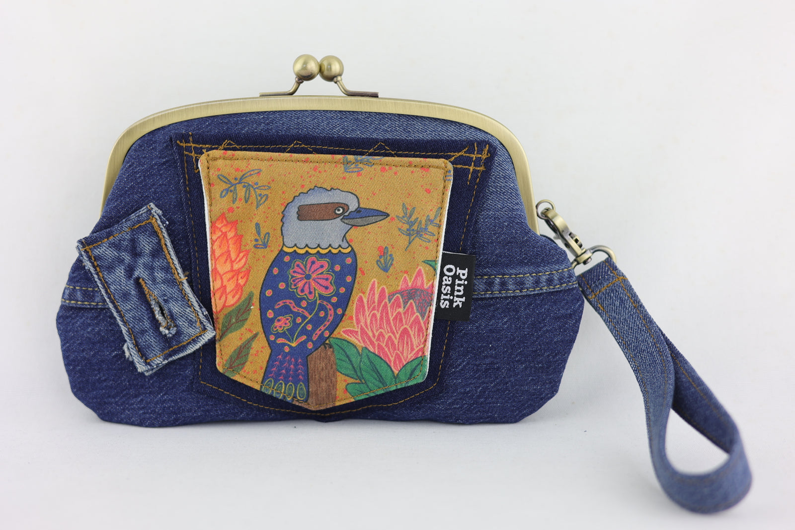 Kookaburra & Proteas Denim Wristlet Wallet (with Double Kisslock Clasps)