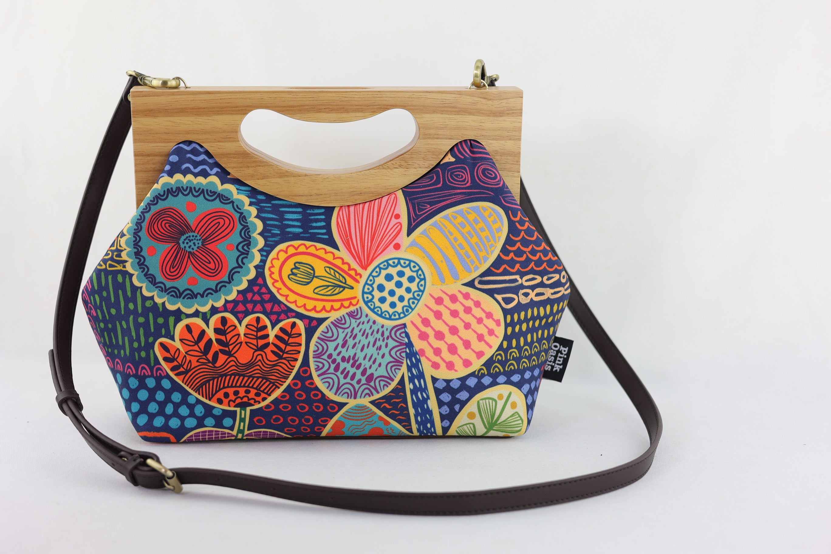 Doodle Flora Medium Size Wood Frame Bag | PINK OASIS