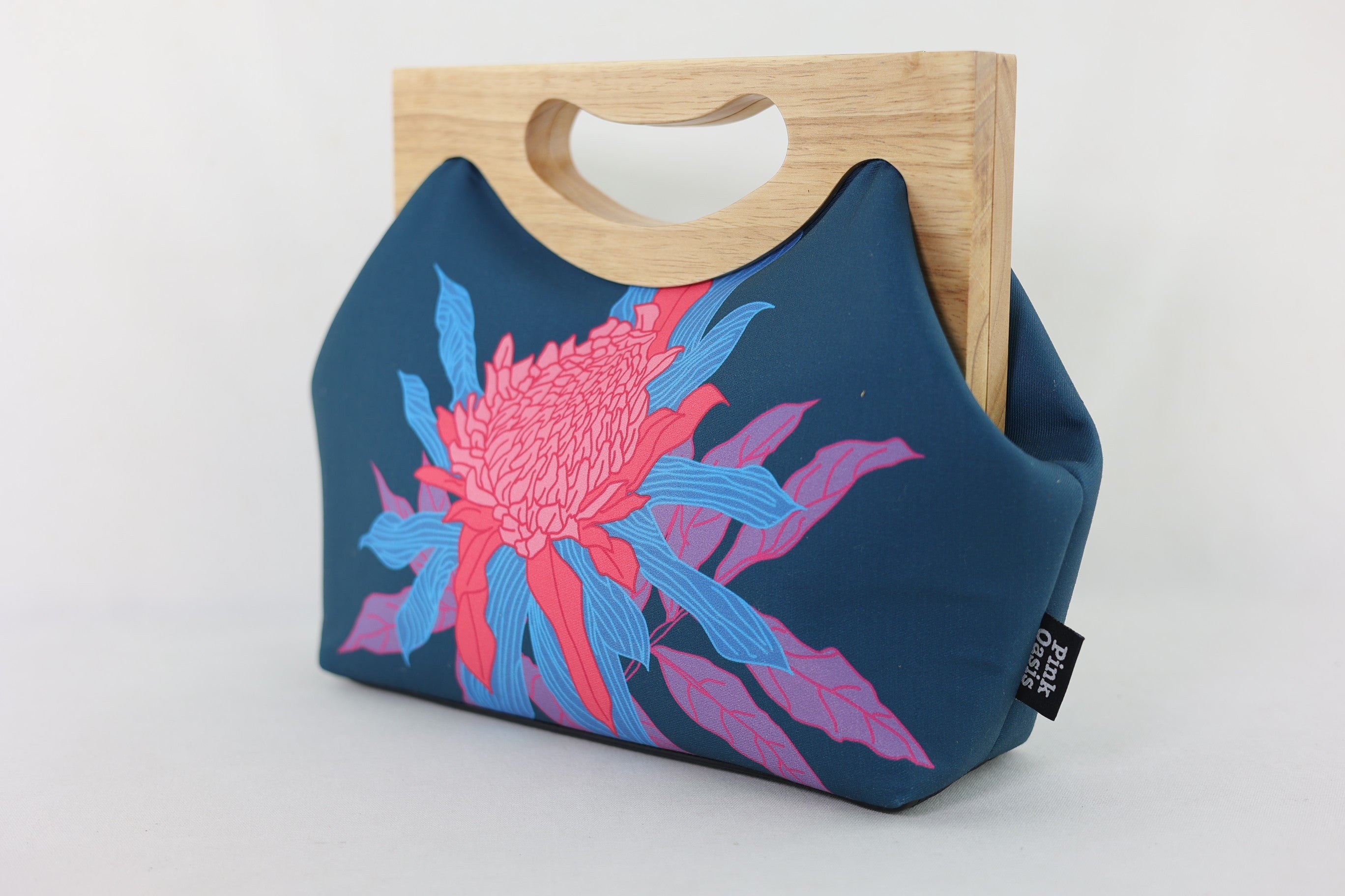 Torch Ginger Flower Emerald Medium Size Wood Frame Bag | PINK OASIS