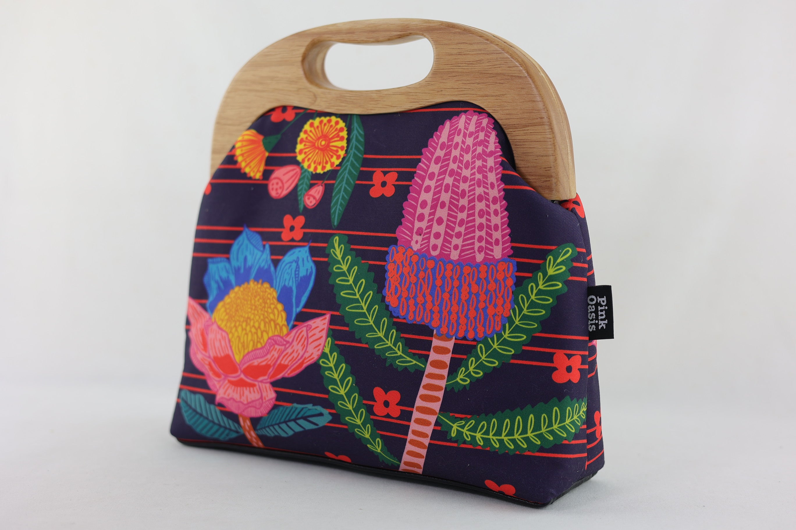 Australian Native Flowers Large Wood Frame Bag | PINK OASIS