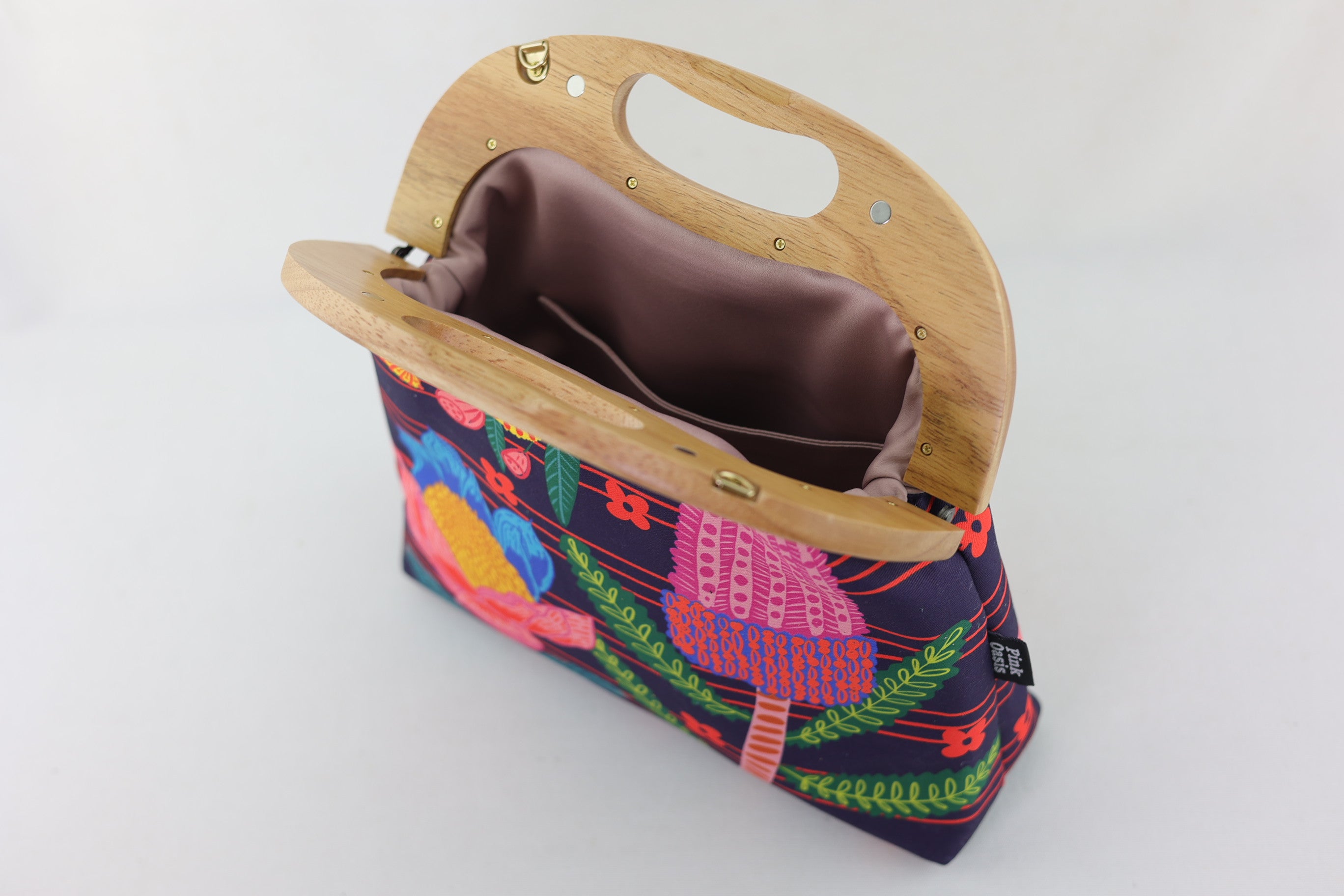 Australian Native Flowers Large Wood Frame Bag | PINK OASIS