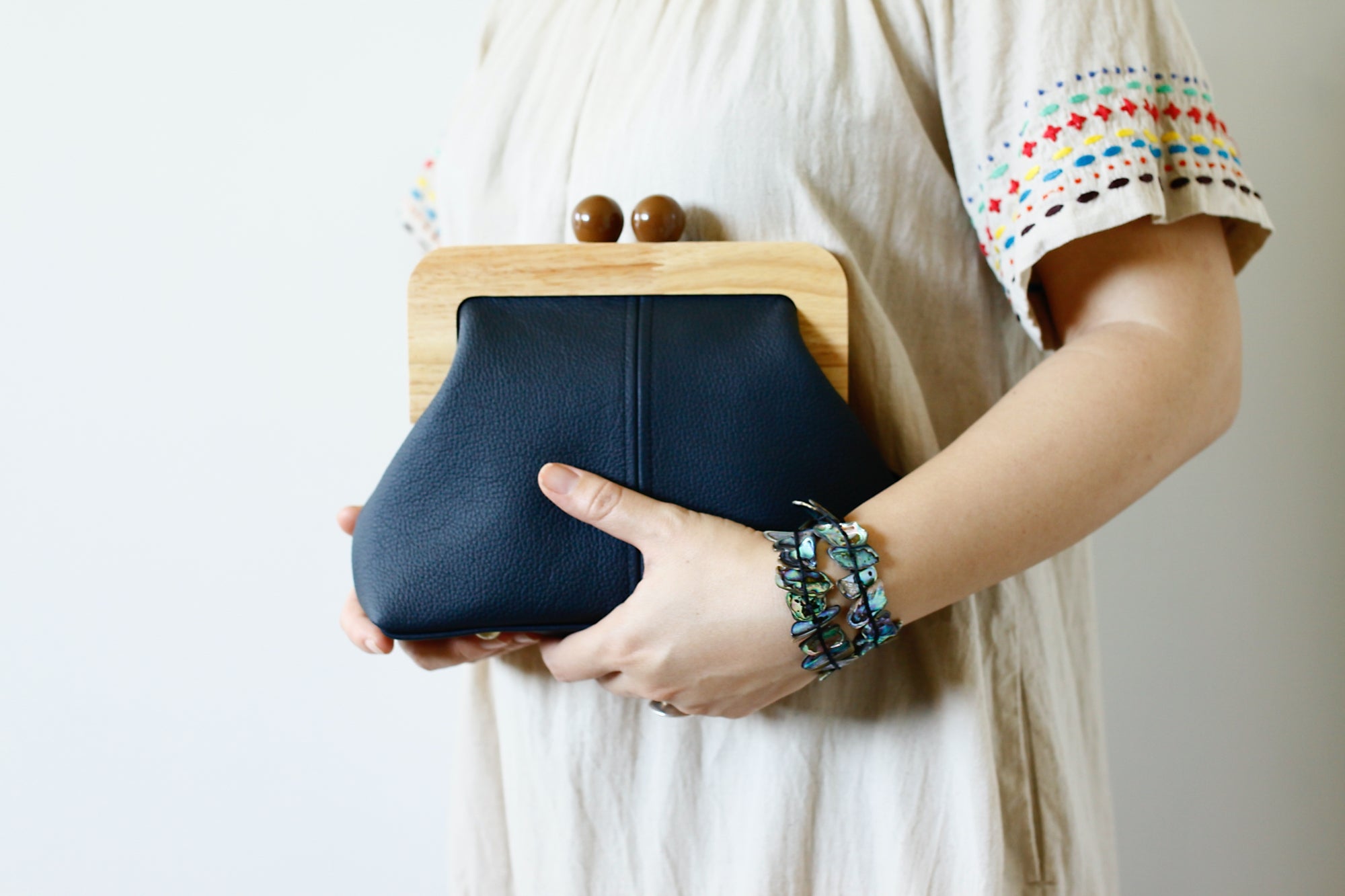 Women's Navy Genuine Leather Clutch Bag with Strap | PINKOASIS