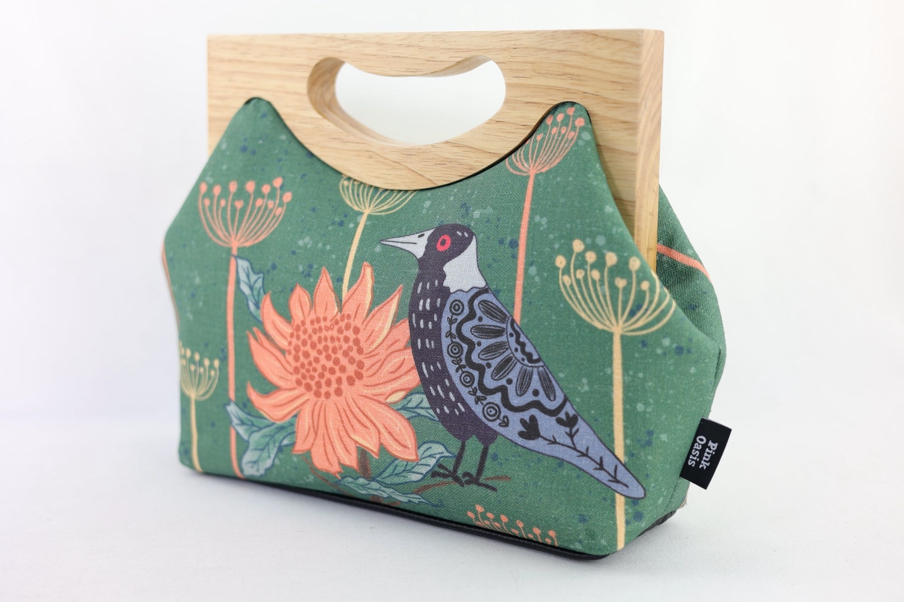 Magpie & Waratah Floral Medium Size Wood Frame Bag | PINK OASIS