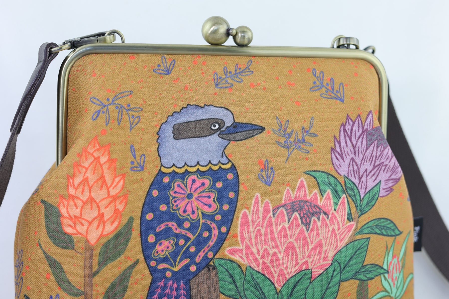 Kookaburra and Proteas Crossbody Bag with Webbing Strap | PINK OASIS