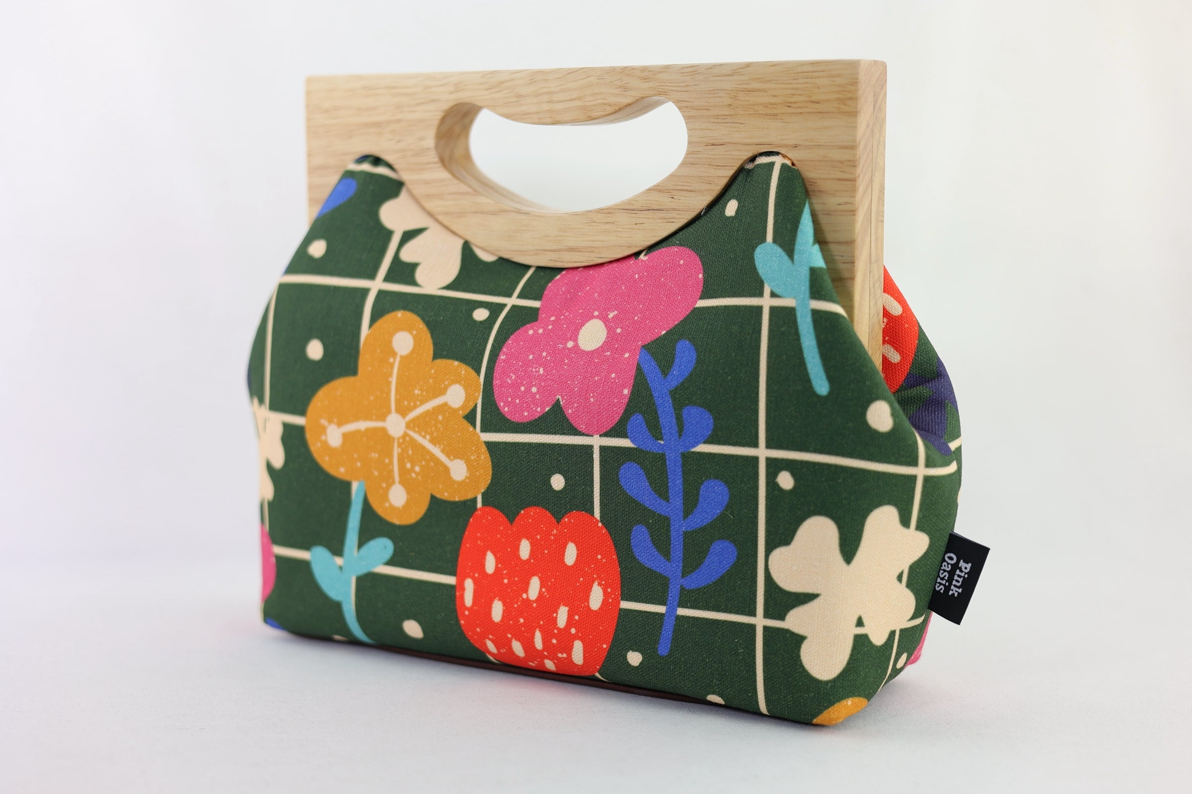 Spring Lawn Floral Medium Size Wood Frame Bag | PINK OASIS