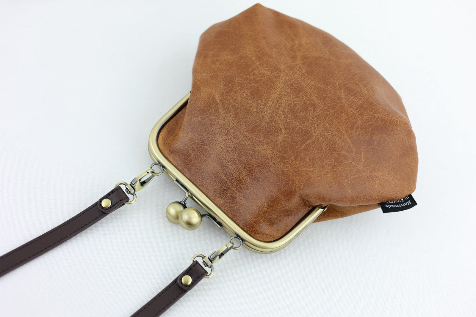Distressed Brown Leather Kisslock Bag with Strap | PINKOASIS