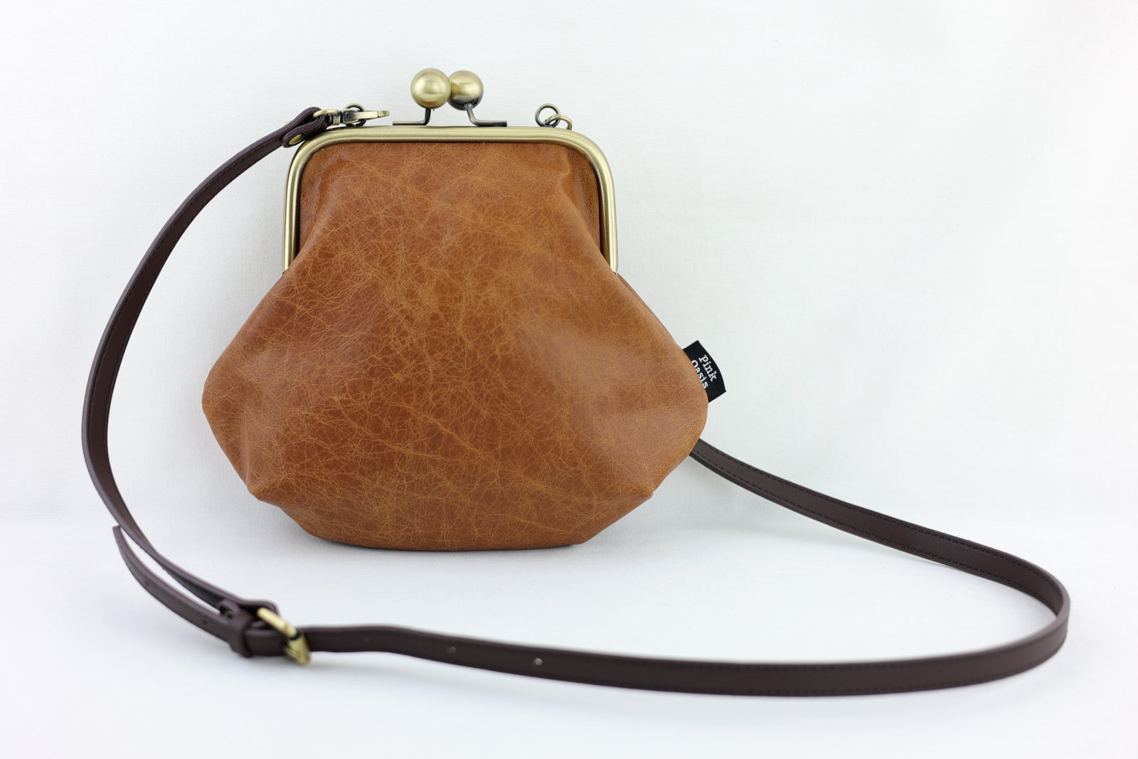 Distressed Brown Leather Kisslock Bag with Strap | PINKOASIS