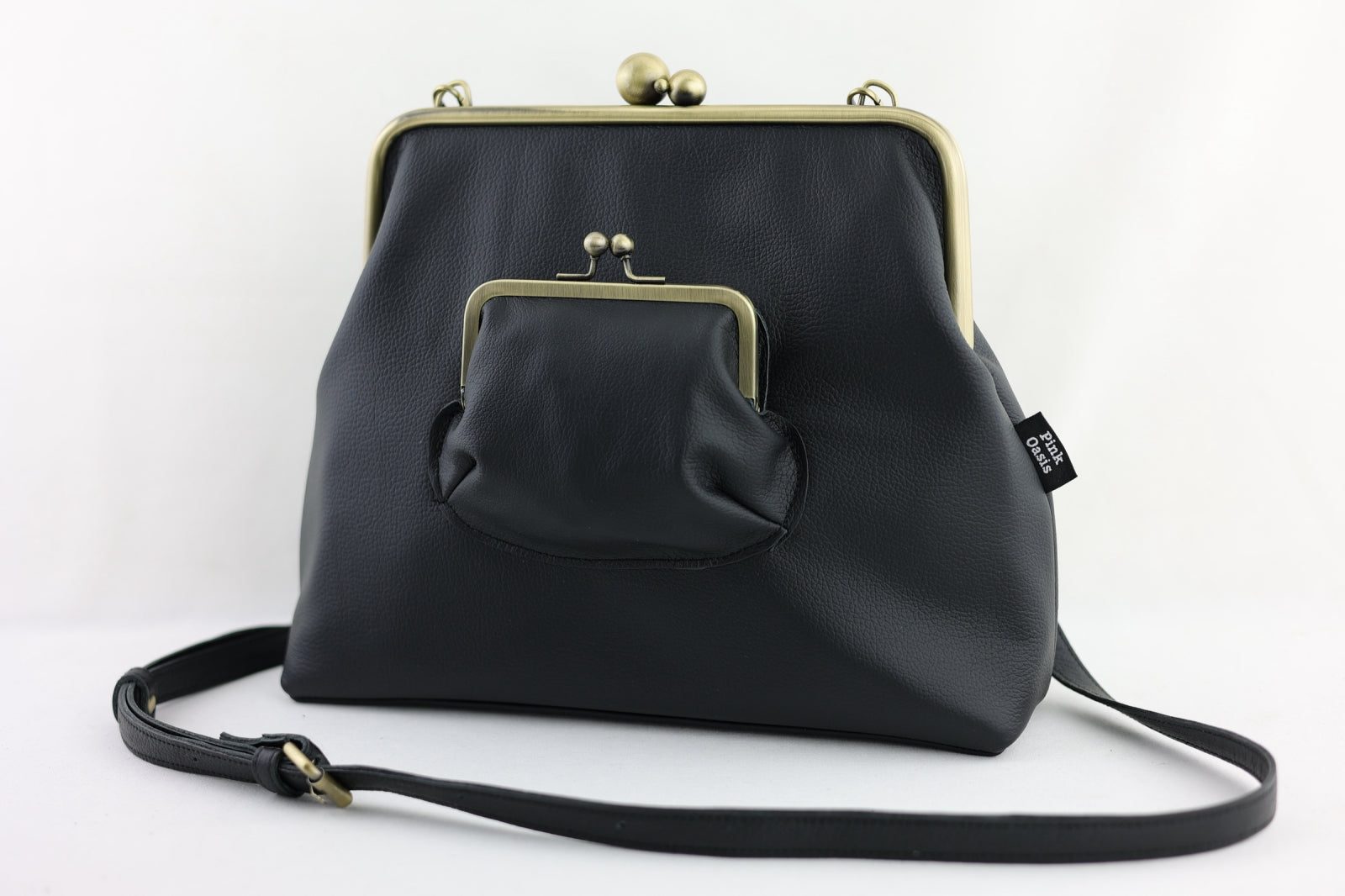 Handmade Ebony Black Leather Crossbody Bag | PINK OASIS