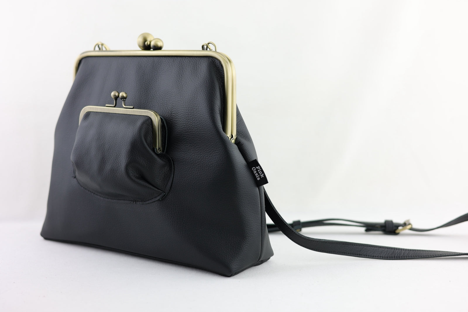 Handmade Ebony Black Leather Crossbody Bag | PINK OASIS