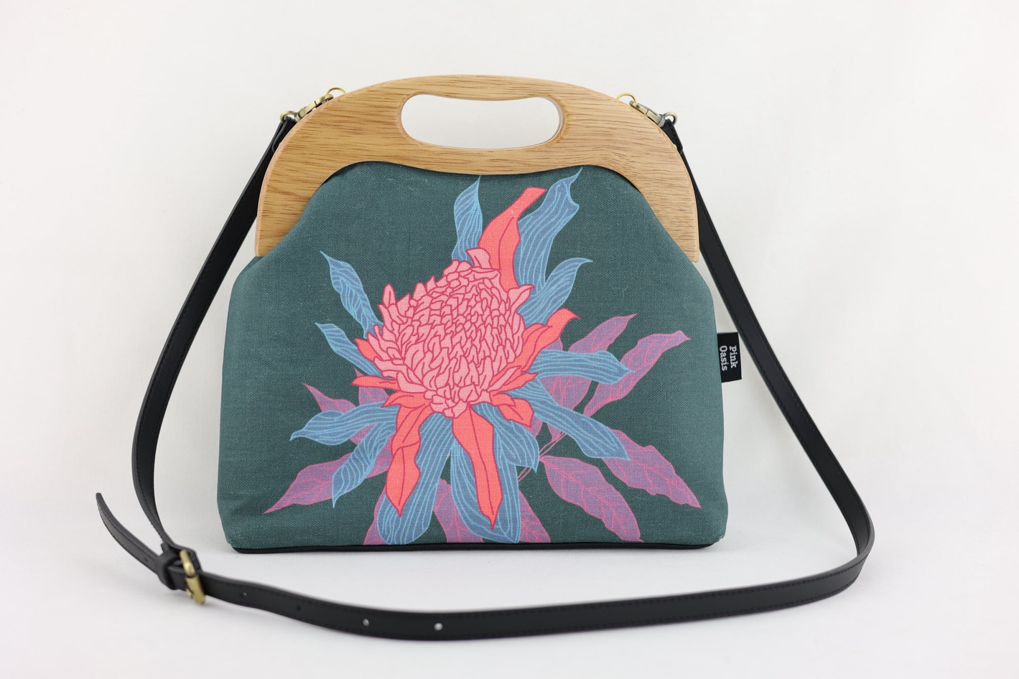 Torch Ginger Flower Emerald Large Wood Frame Bag | PINK OASIS