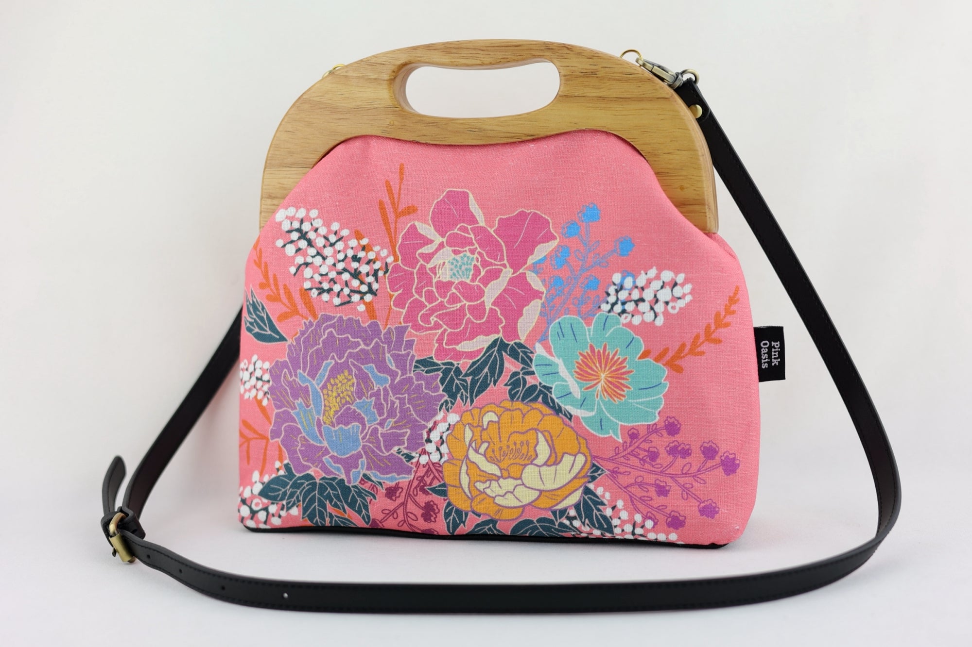 Peonies Garden Pink Large Wood Frame Bag | PINK OASIS