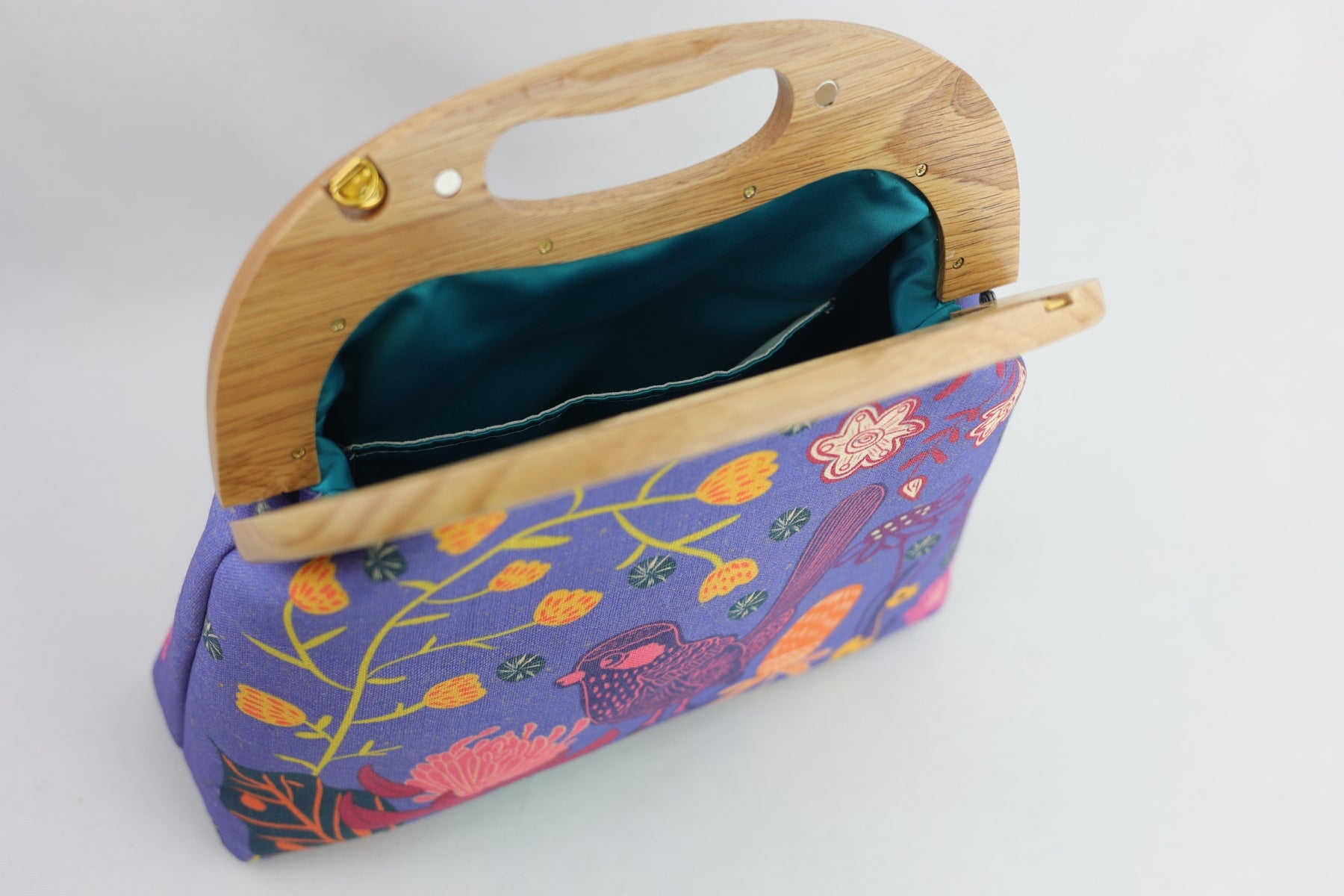 Blue Wren, Waratah & Banksia Large Wood Frame Bag | PINK OASIS