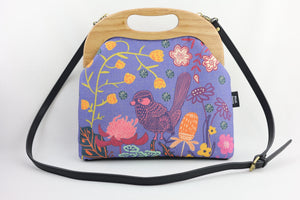 Blue Wren, Waratah & Banksia Large Wood Frame Bag | PINK OASIS