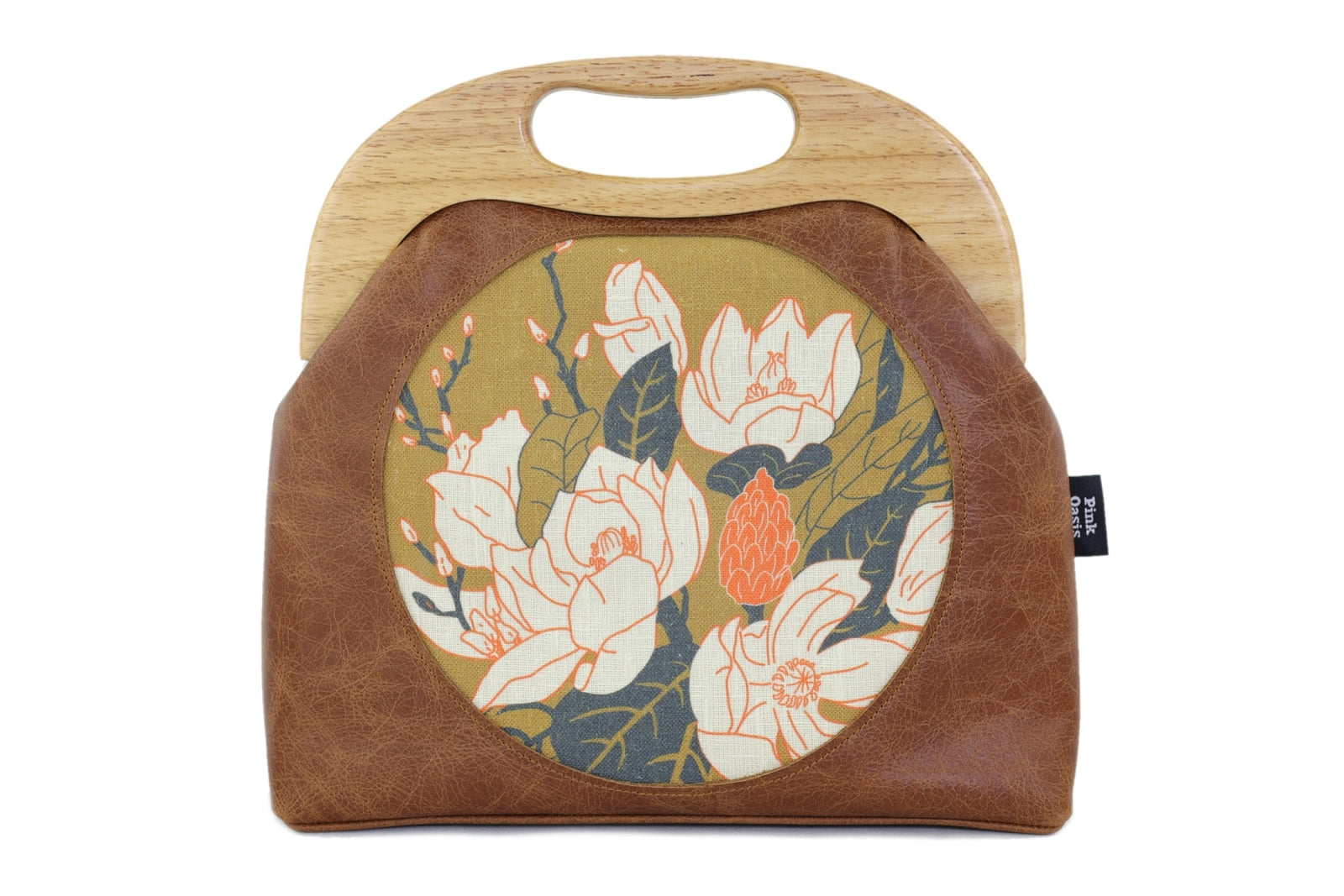 Magnolia Flowers Distressed Brown Leather Bag |  PINK OASIS