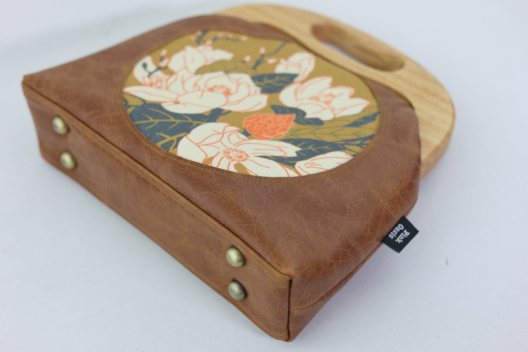 Magnolia Flowers Distressed Brown Leather Bag |  PINK OASIS