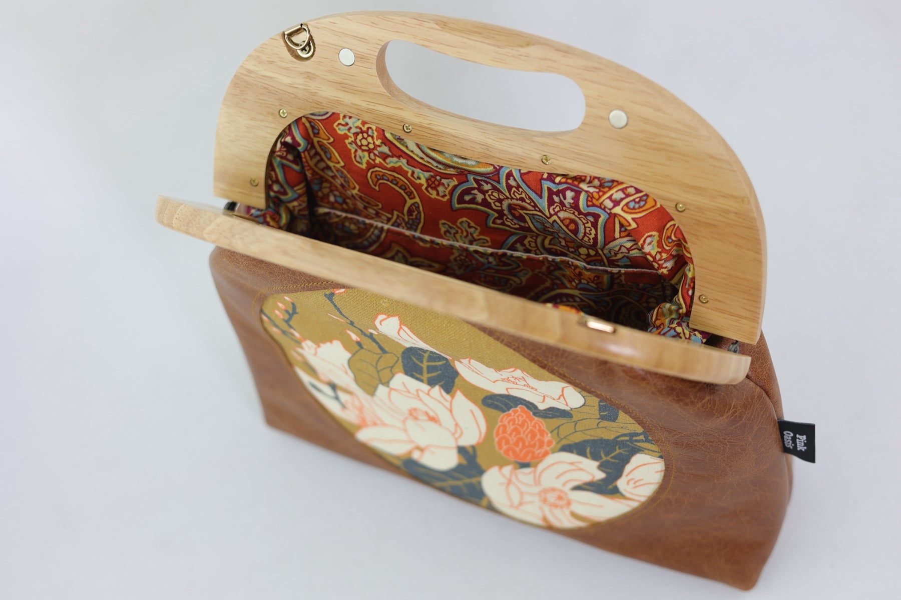 Magnolia Flowers Distressed Brown Leather Bag |  PINK OASIS