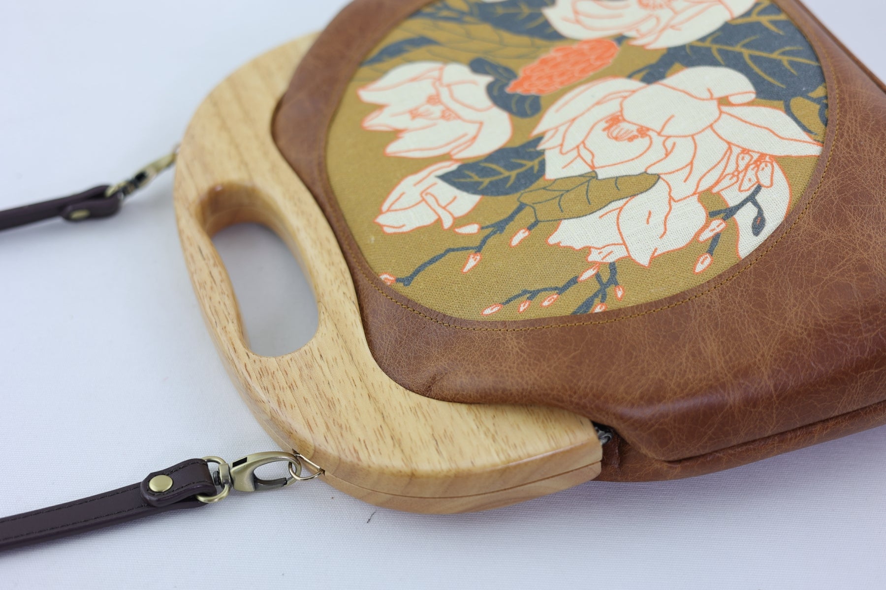 Magnolia Flowers Distressed Brown Leather Bag |  PINK OASIS