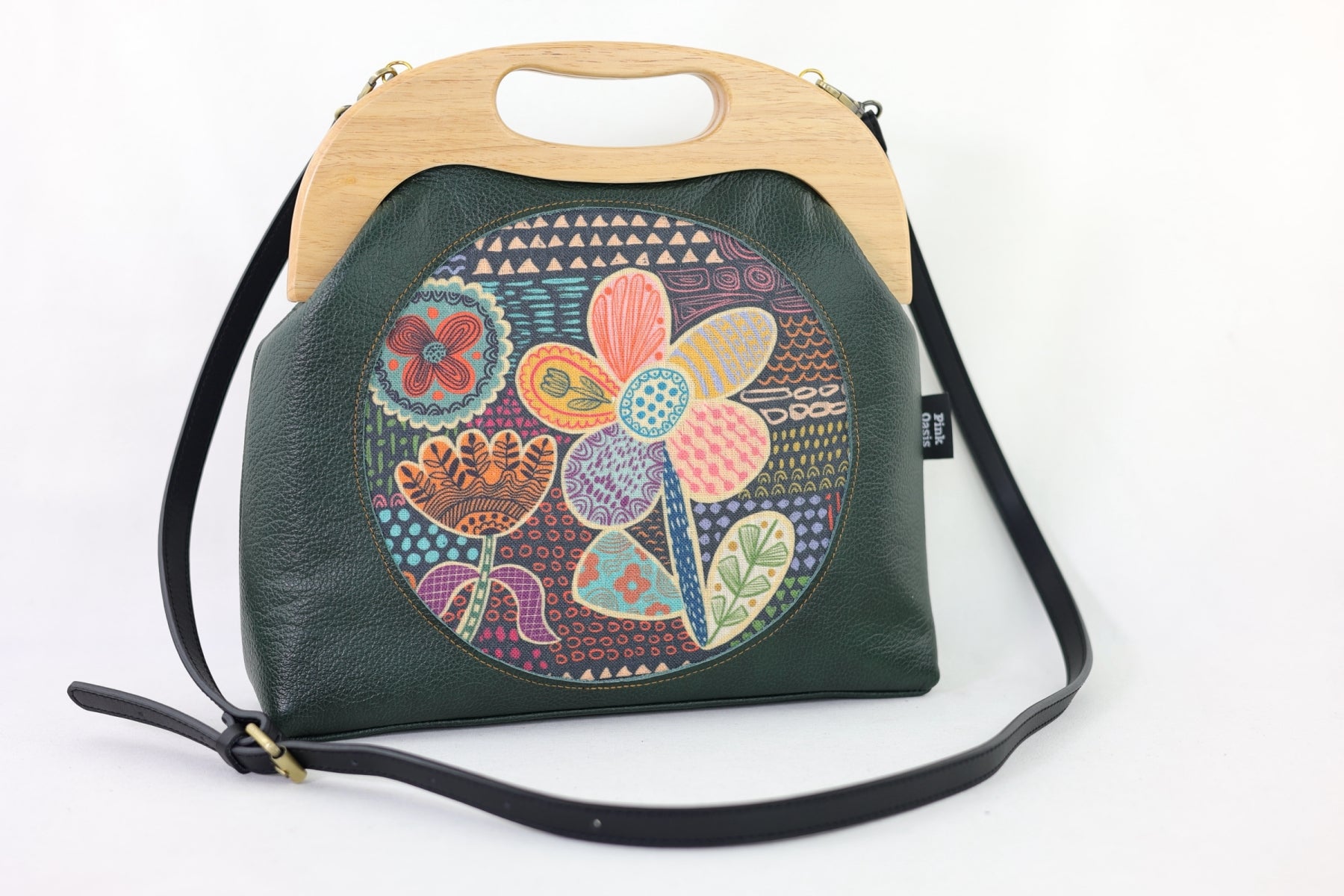 Doodle Flora Emerald Leather Bag | PINK OASIS