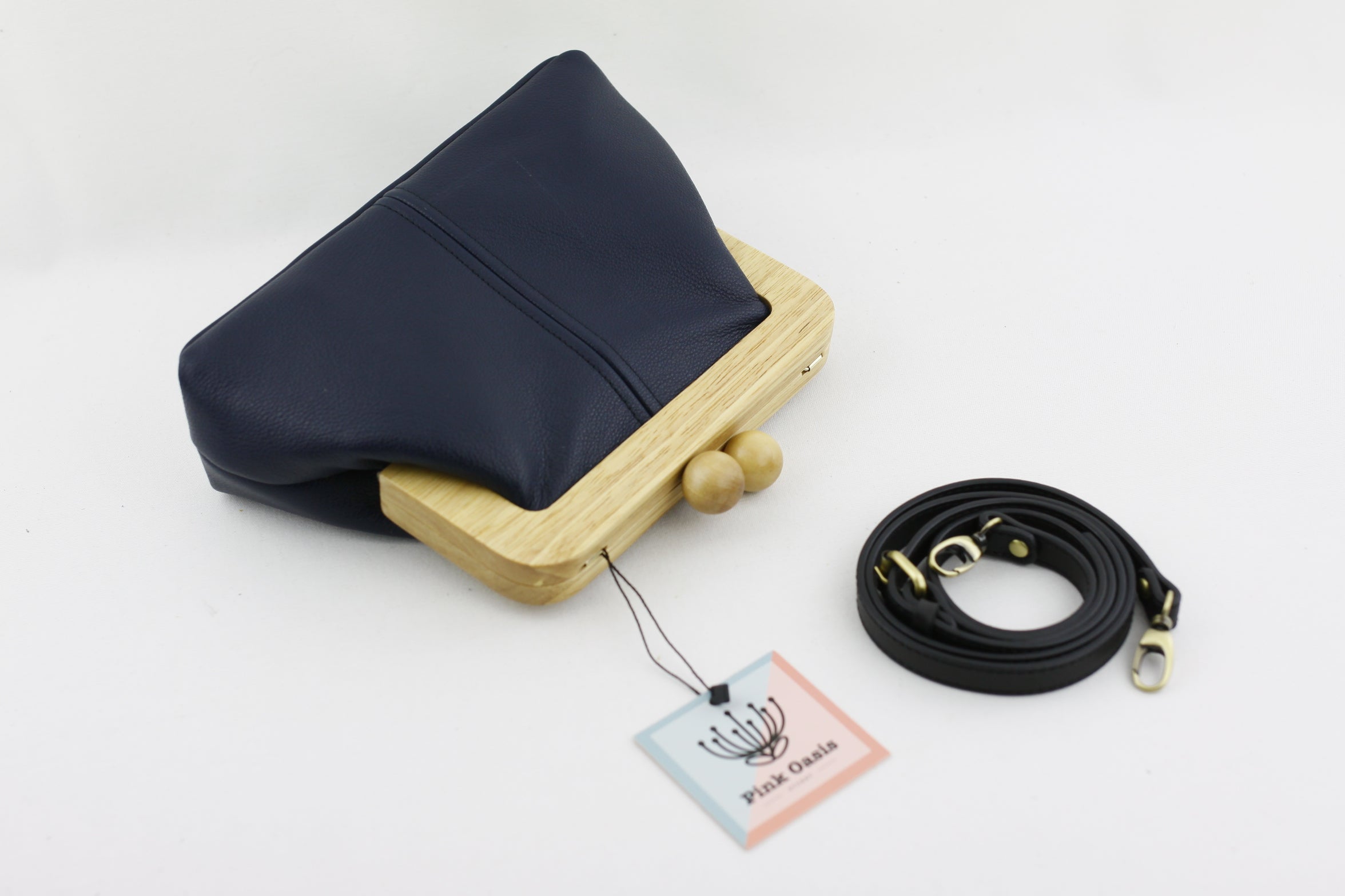 Women's Navy Genuine Leather Clutch Bag with Strap | PINKOASIS