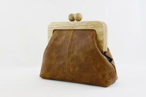 Distressed Tan Genuine Leather Clutch Bag with Strap | PINKOASIS