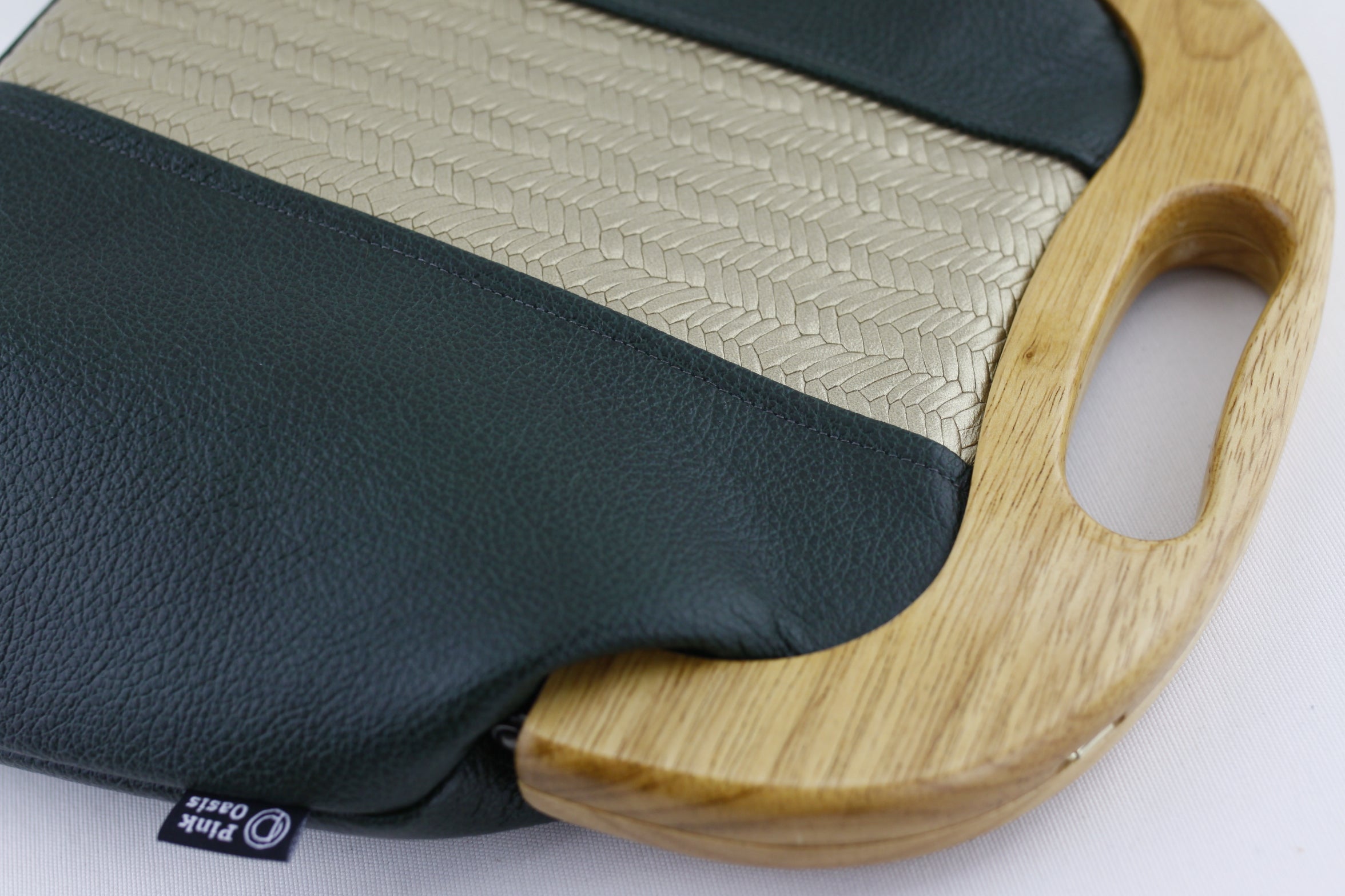 Emerald and Gold Leather Wood Frame Bag with Strap | PINKOASIS