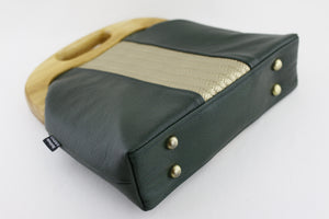 Emerald and Gold Leather Wood Frame Bag with Strap | PINKOASIS