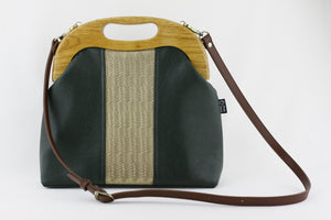 Emerald and Gold Leather Wood Frame Bag with Strap | PINKOASIS