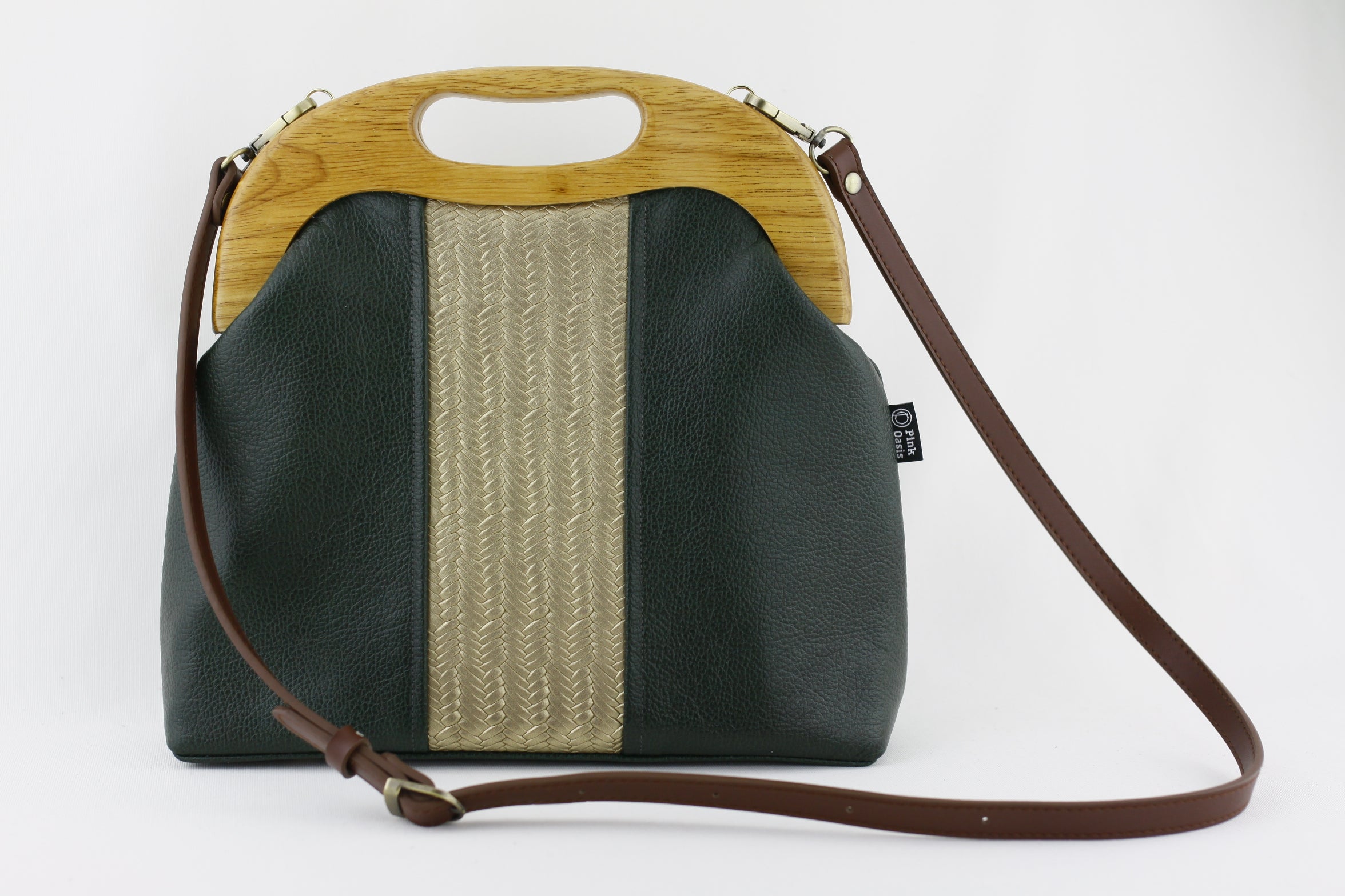 Emerald and Gold Leather Wood Frame Bag with Strap | PINKOASIS