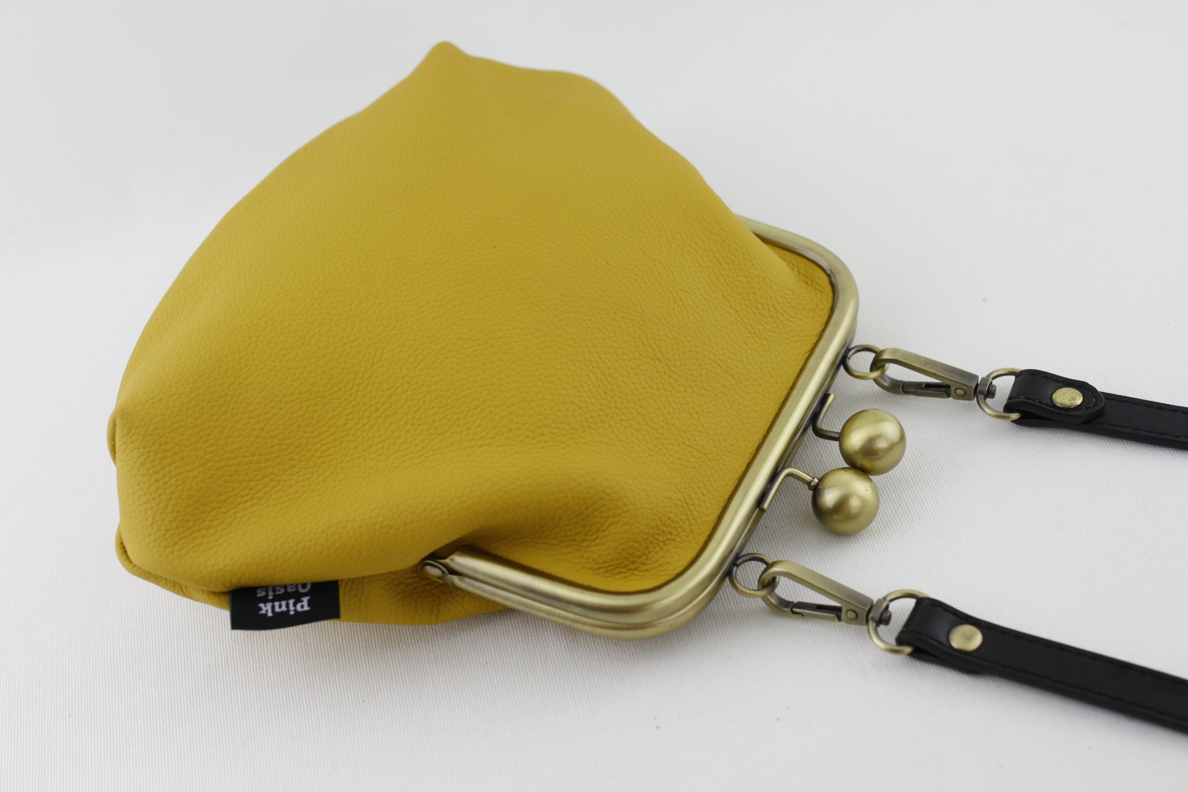 Mustard Leather Kisslock Bag with Strap  | PINKOASIS