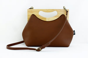 Women's Genuine Leather Wood Frame Handbag with Strap | PINKOASIS