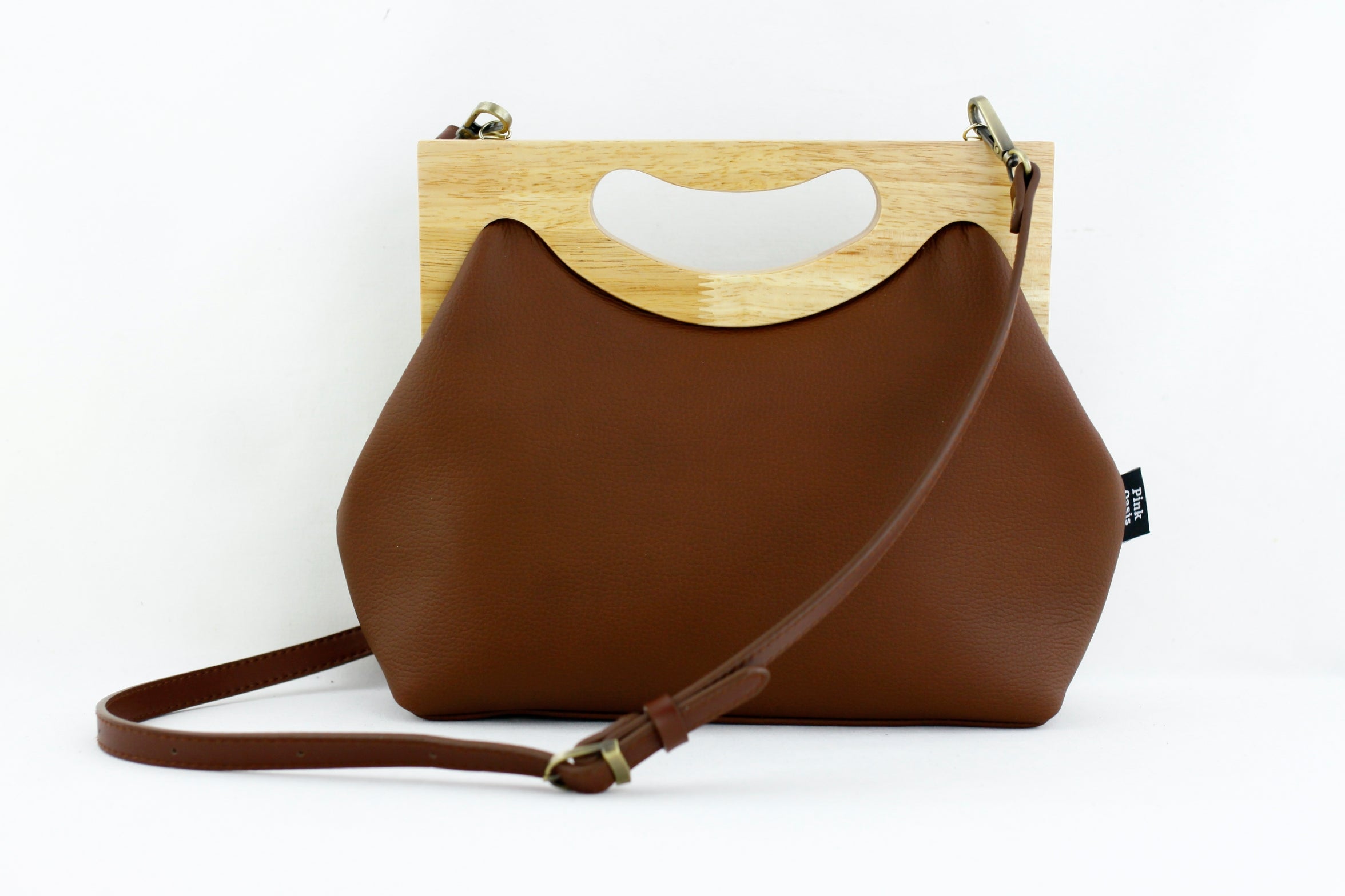 Women's Genuine Leather Wood Frame Handbag with Strap | PINKOASIS