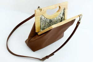 Women's Genuine Leather Wood Frame Handbag with Strap | PINKOASIS