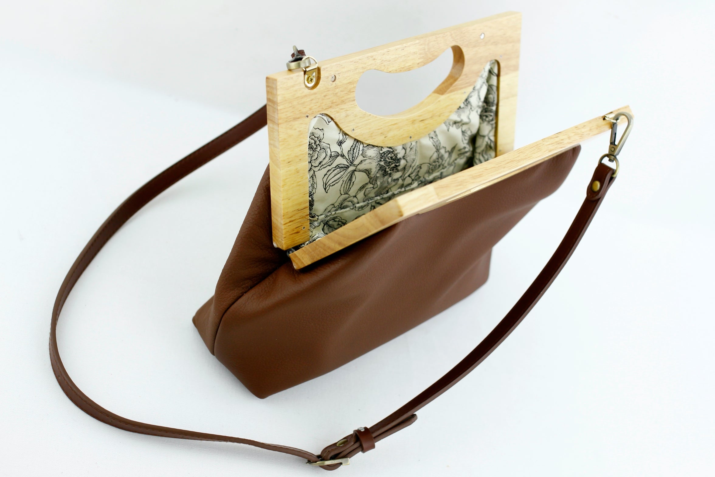 Women's Genuine Leather Wood Frame Handbag with Strap | PINKOASIS