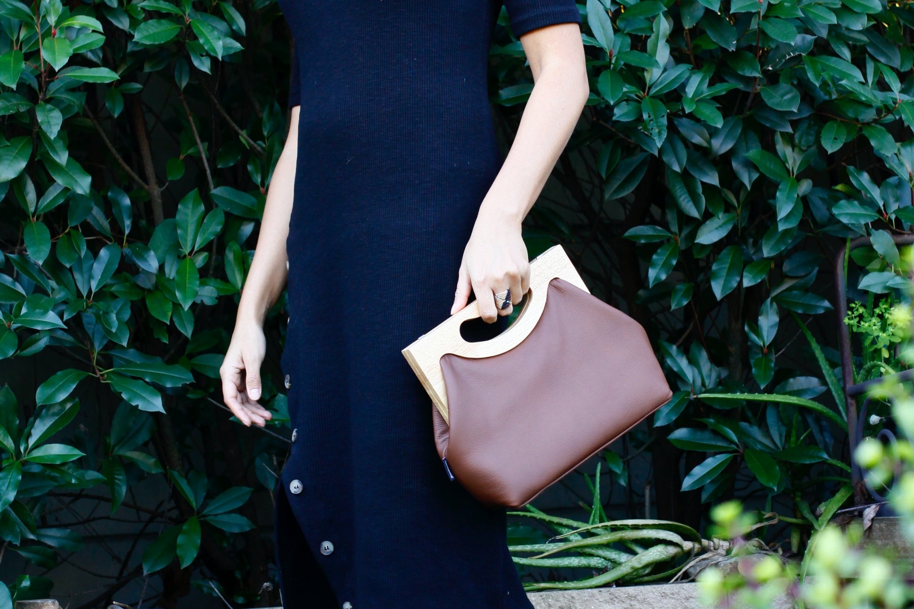 Women's Genuine Leather Wood Frame Handbag with Strap | PINKOASIS