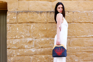 Handmade Waratah Navy Leather Handbag for Women | PINKOASIS