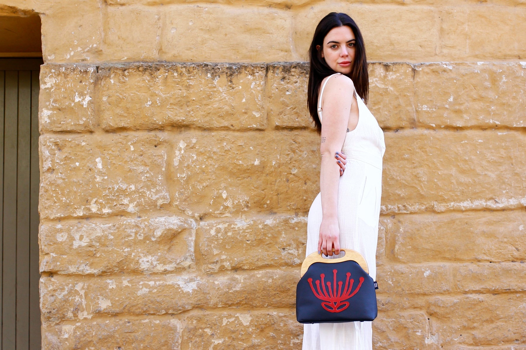 Handmade Waratah Navy Leather Handbag for Women | PINKOASIS