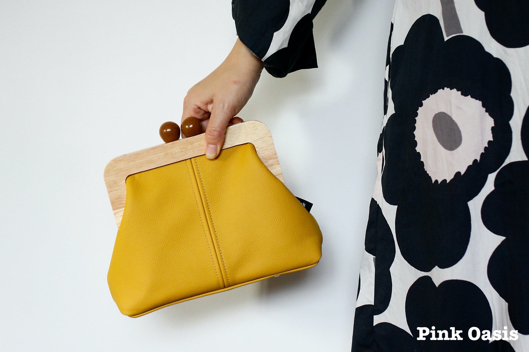 Mustard Color Leather Wood Frame Clutch | PINKOASIS